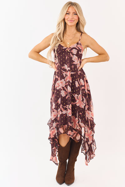 Chocolate Floral Print Lurex Swiss Dot Maxi Dress
