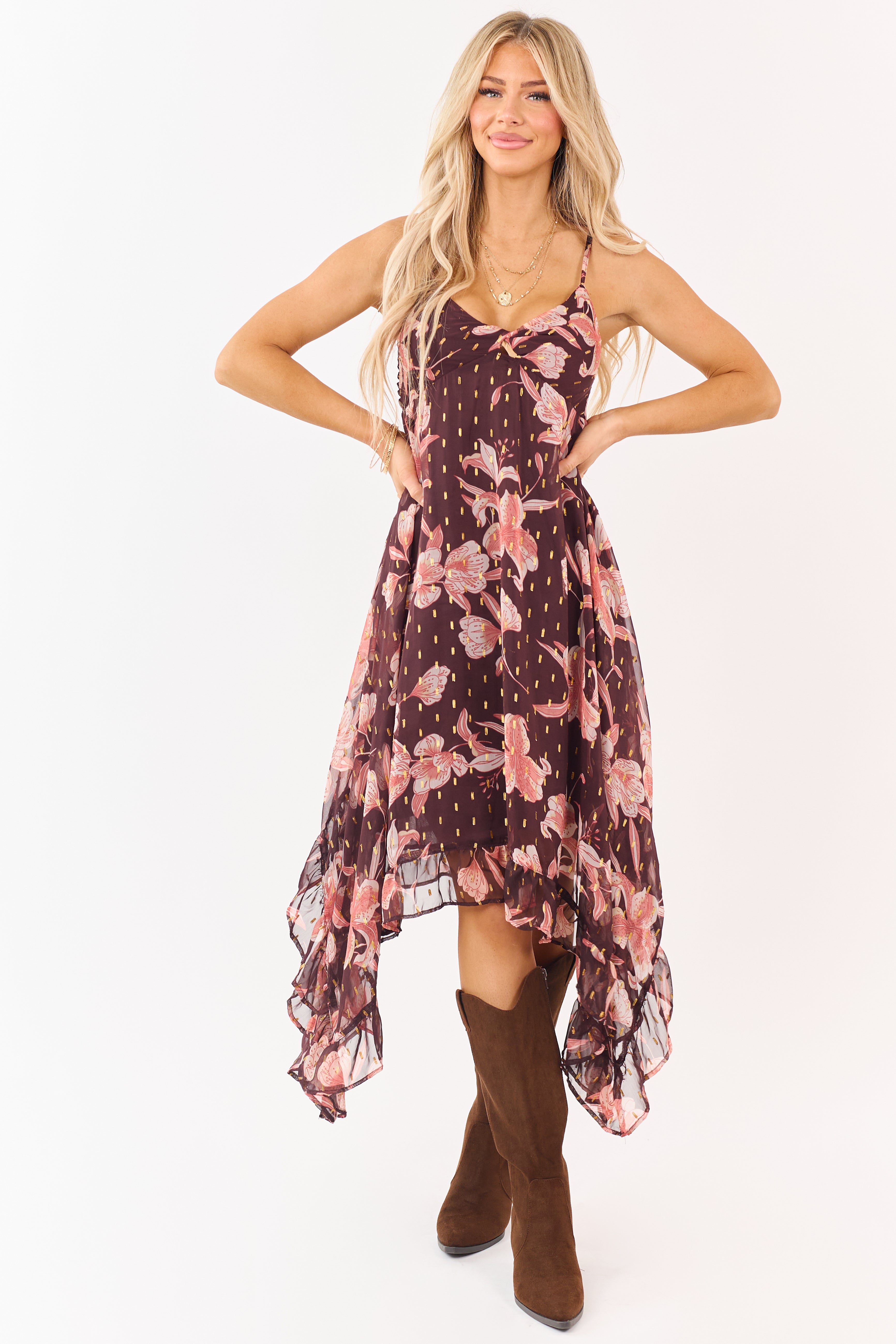 Chocolate Floral Print Lurex Swiss Dot Maxi Dress