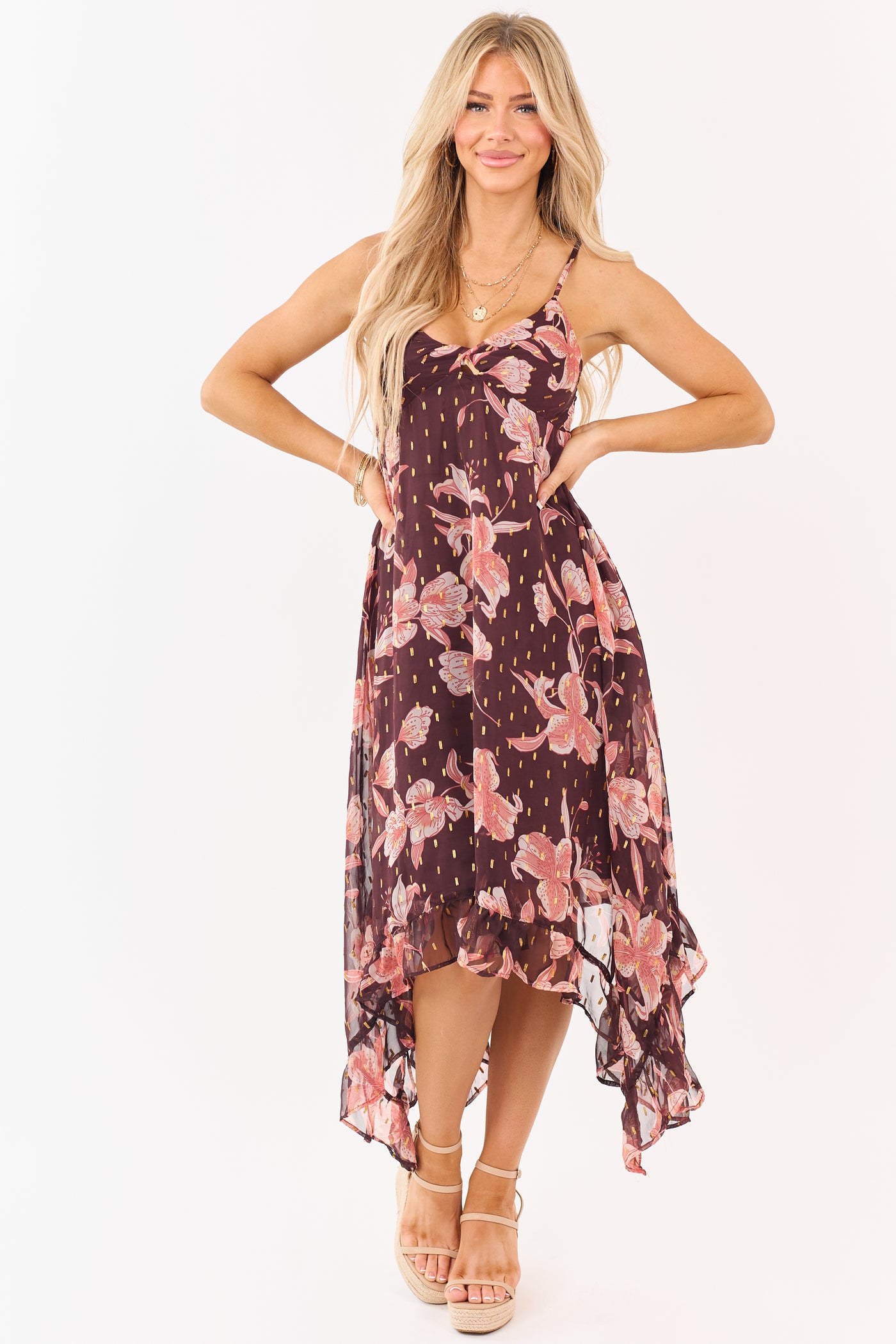 Chocolate Floral Print Lurex Swiss Dot Maxi Dress