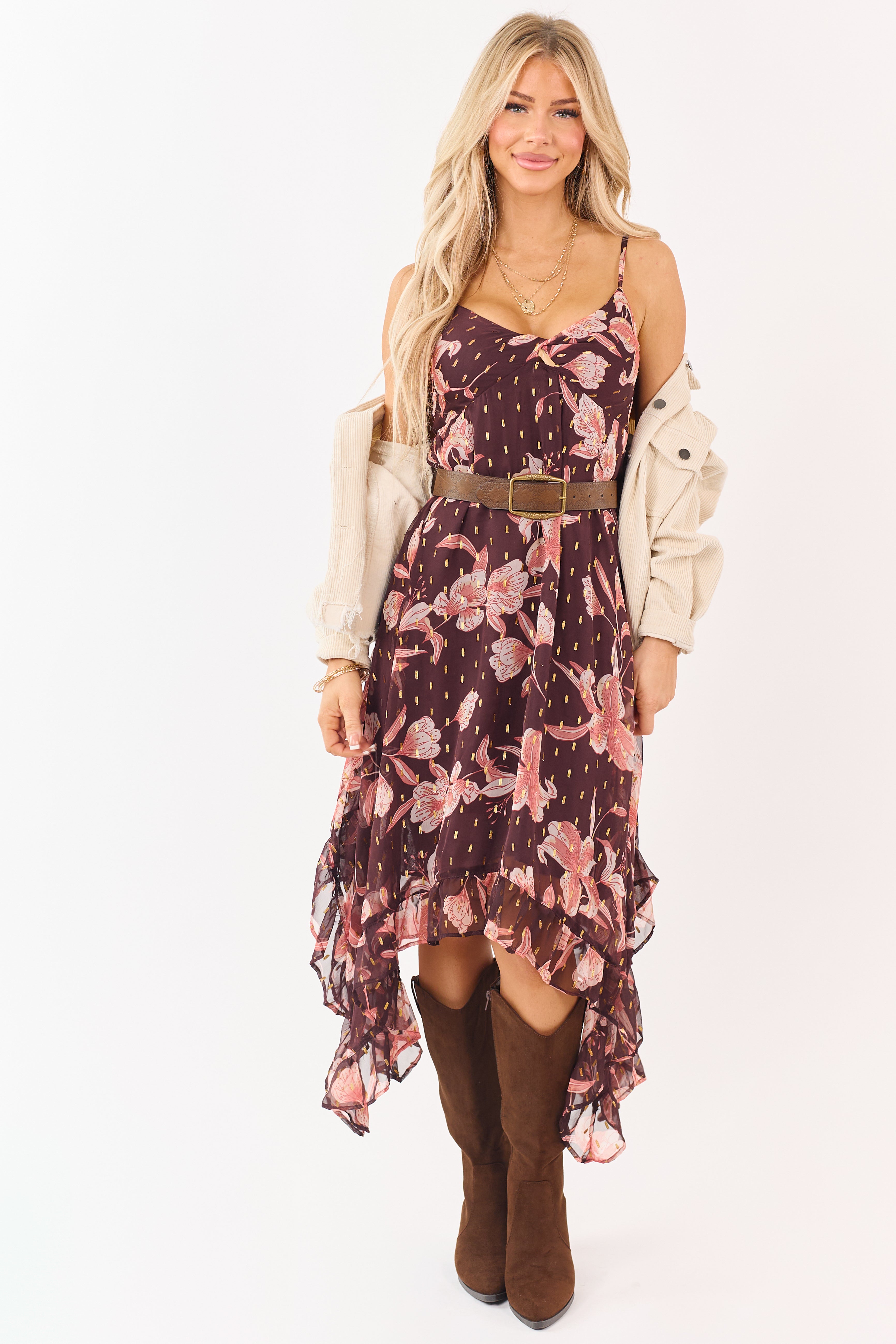 Chocolate Floral Print Lurex Swiss Dot Maxi Dress