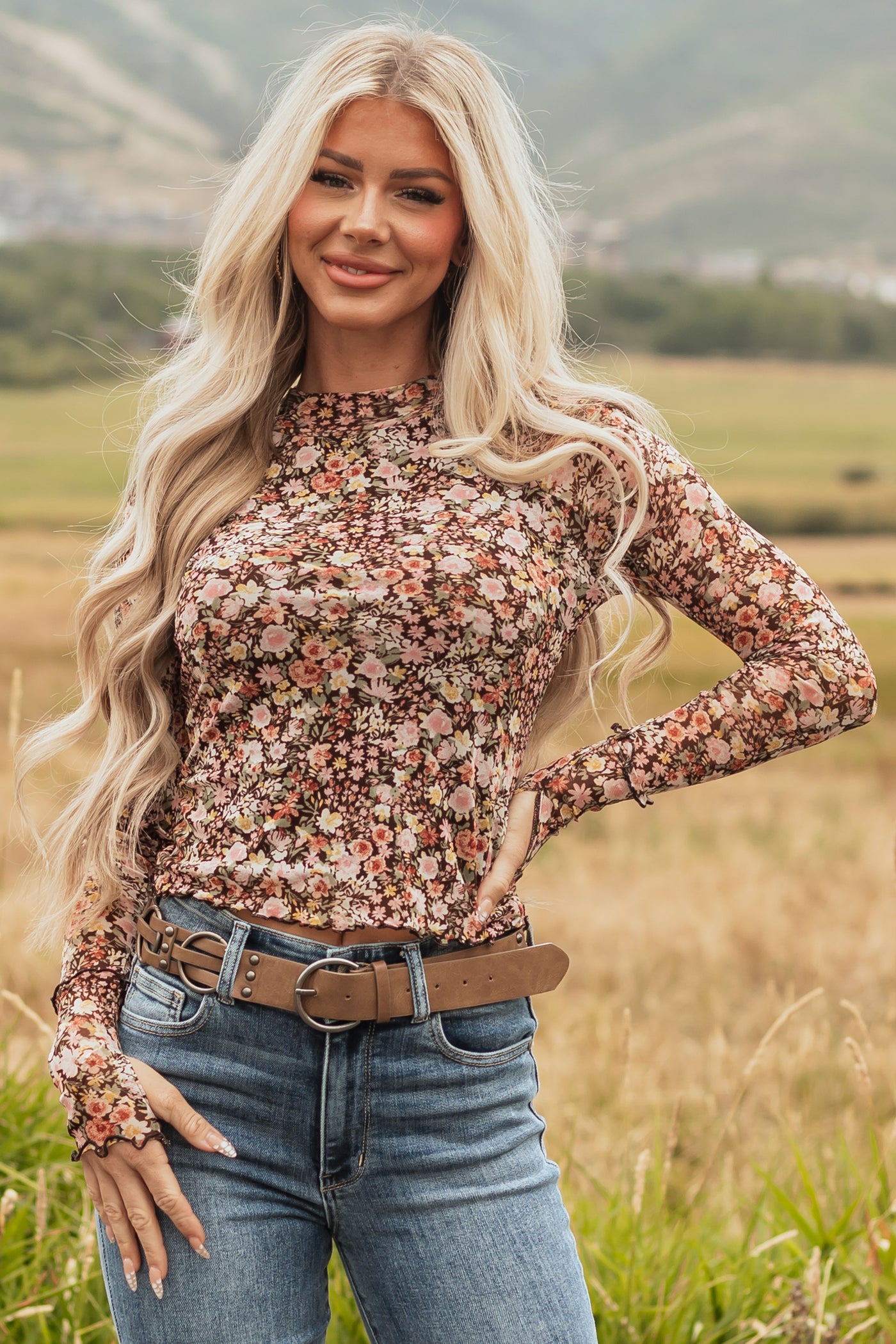 Chocolate Floral Print Mesh Long Sleeve Top