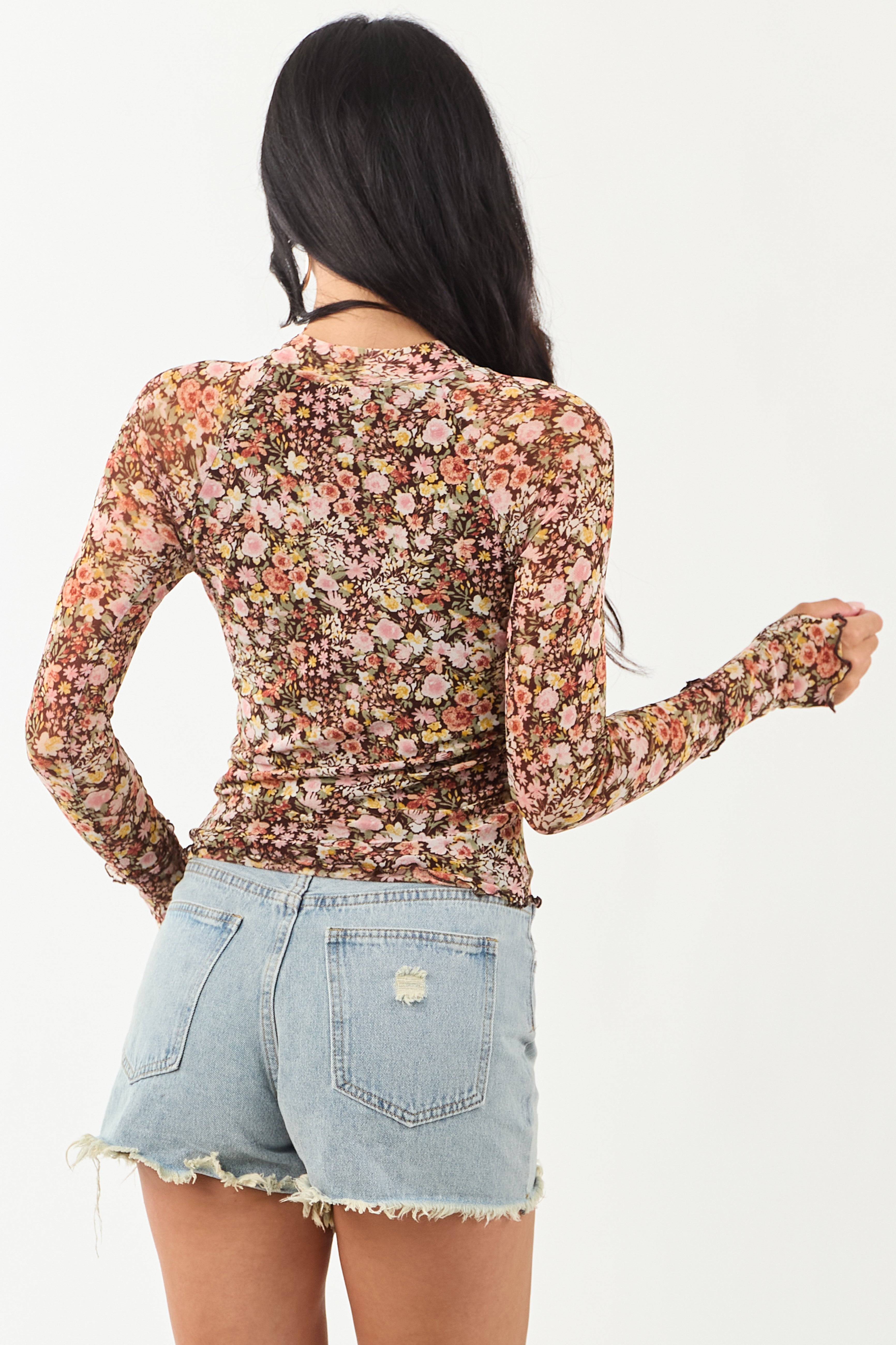Chocolate Floral Print Mesh Long Sleeve Top