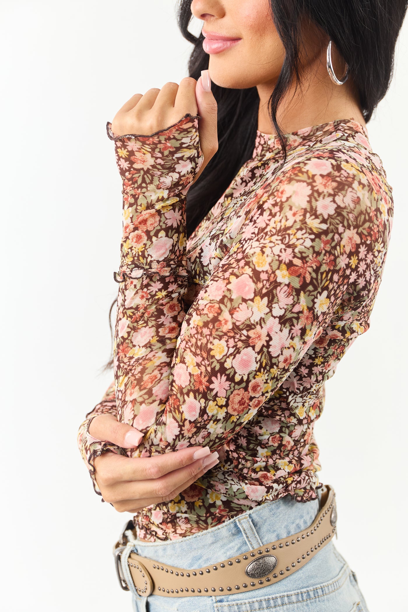 Chocolate Floral Print Mesh Long Sleeve Top