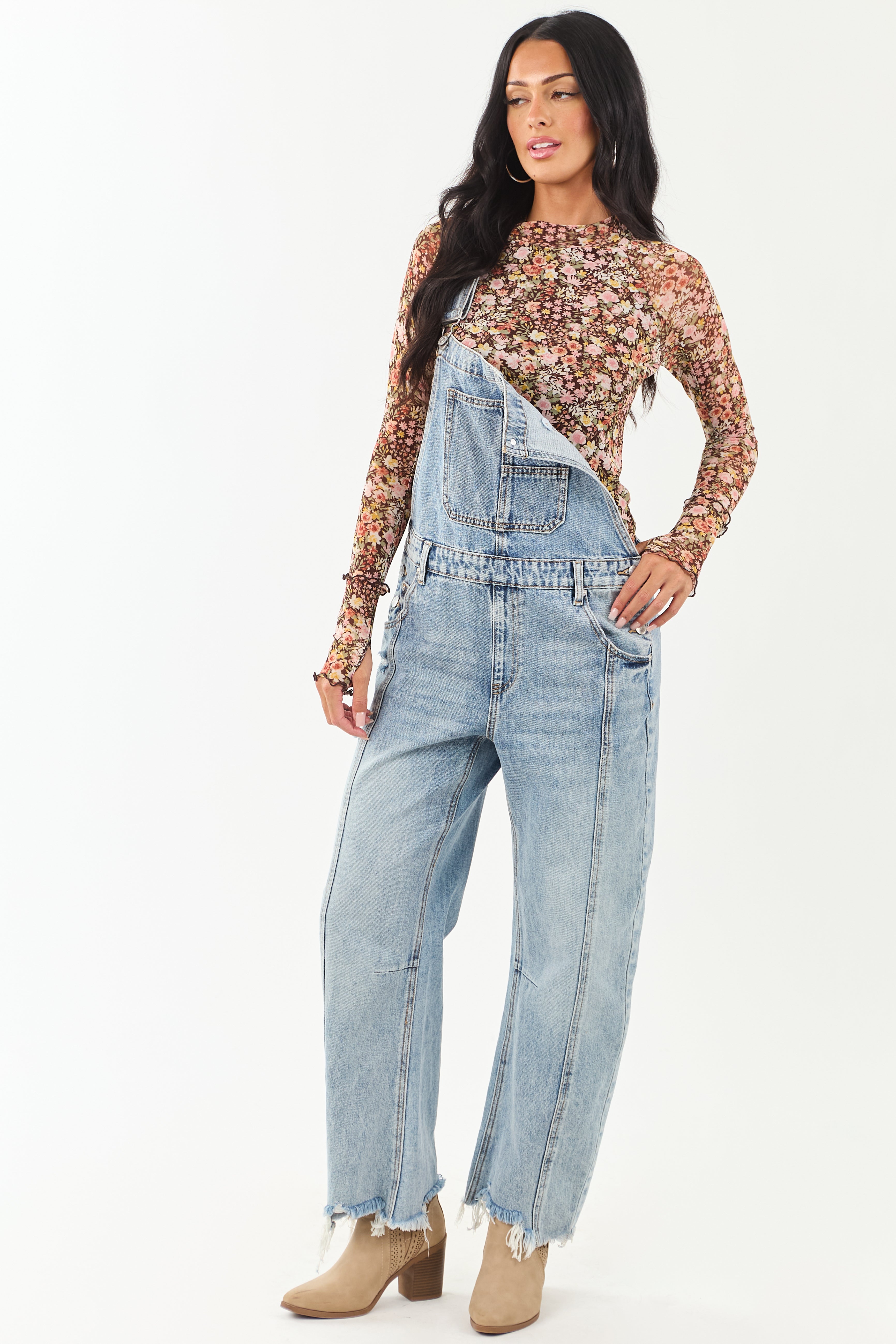 Chocolate Floral Print Mesh Long Sleeve Top