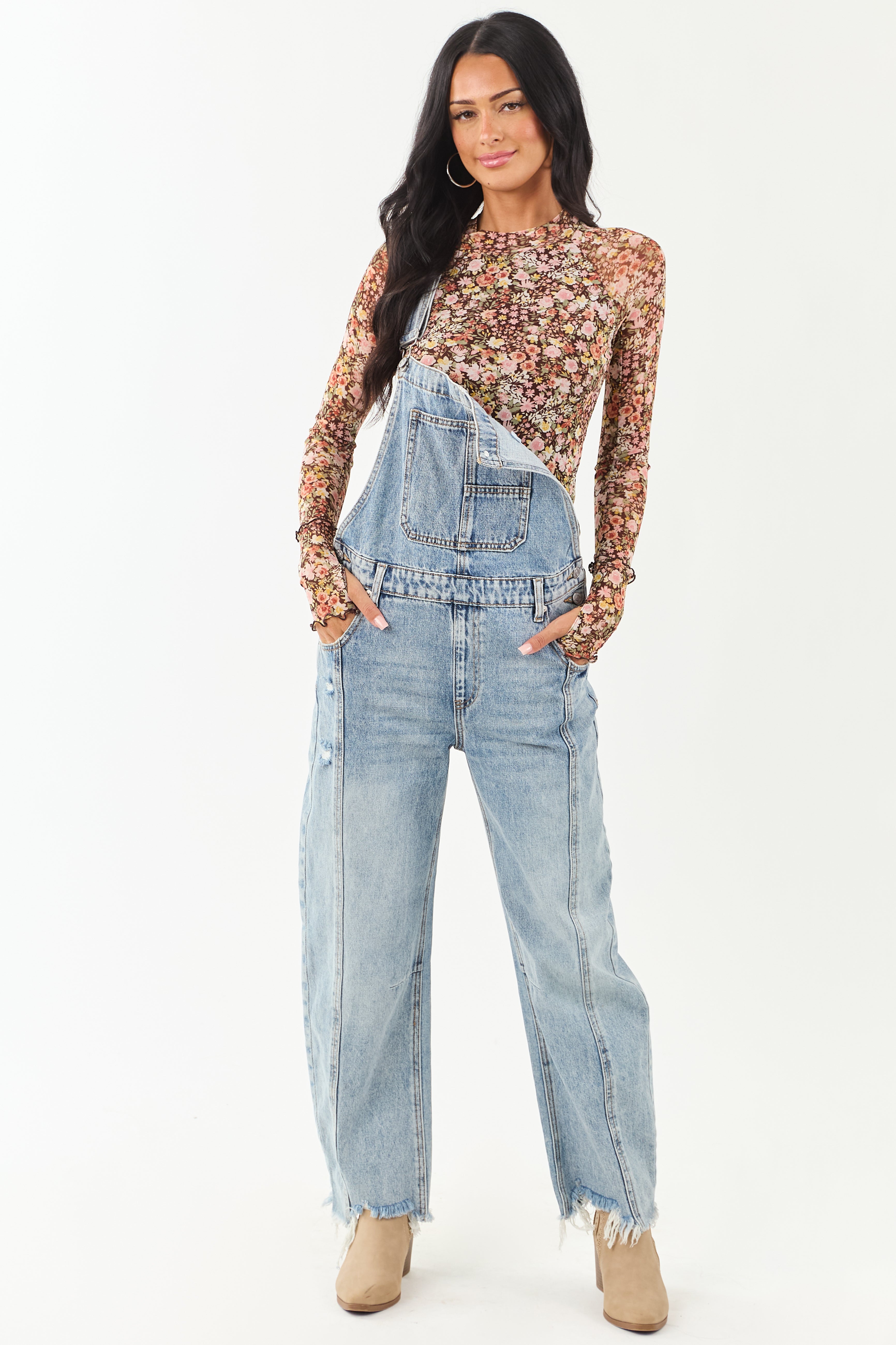 Chocolate Floral Print Mesh Long Sleeve Top