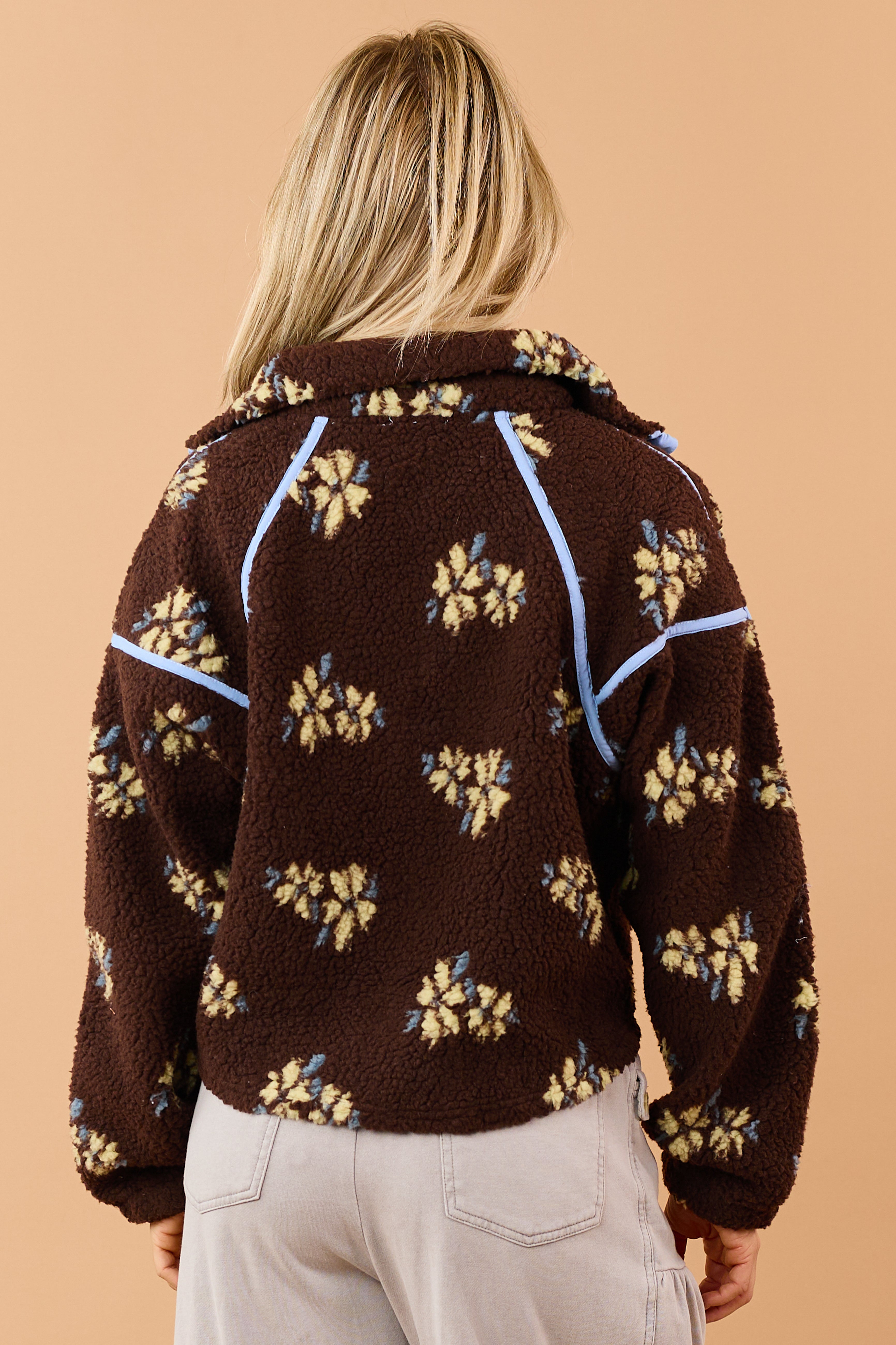 Chocolate Floral Print Sherpa Half Zip Pullover Jacket | Lime Lush