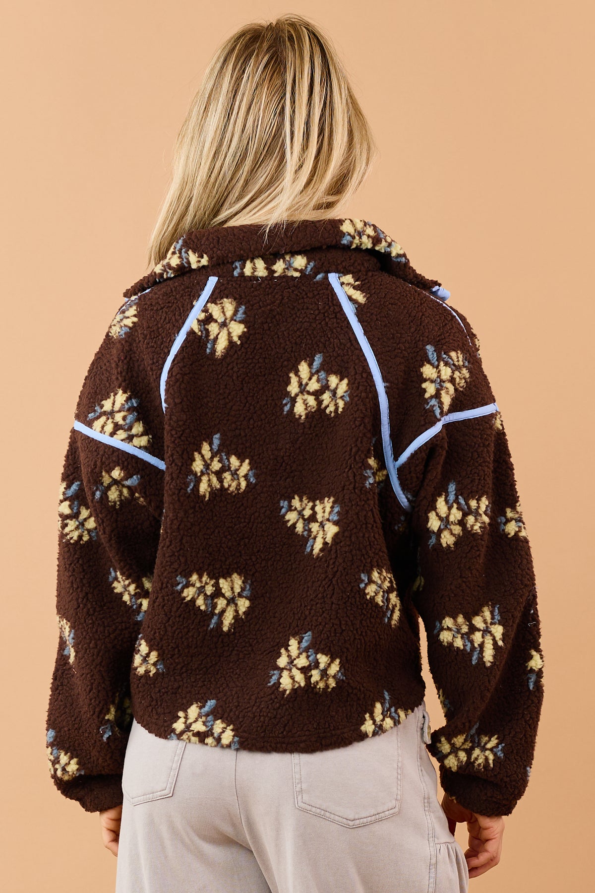 Chocolate Floral Print Sherpa Half Zip Pullover Jacket