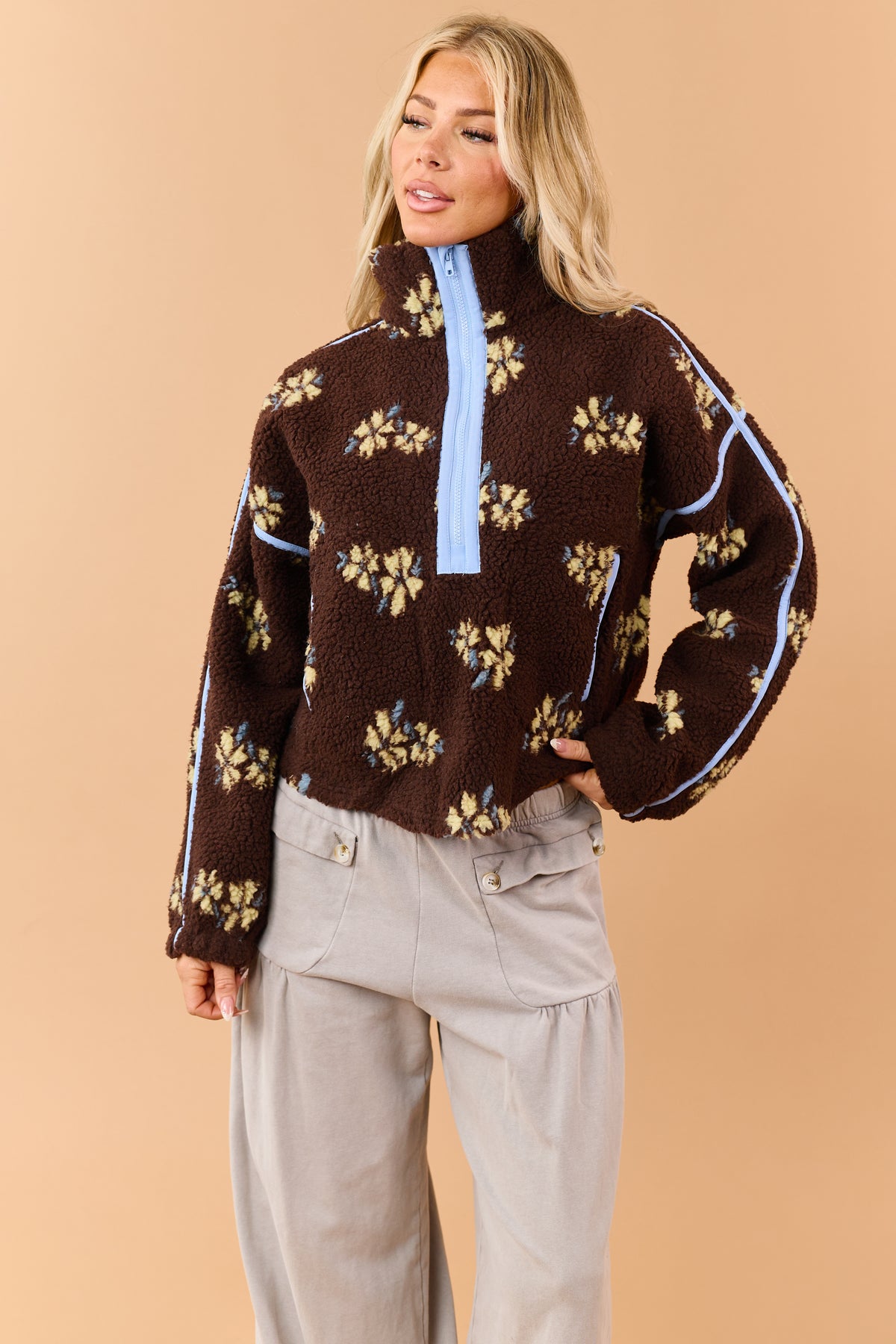 Chocolate Floral Print Sherpa Half Zip Pullover Jacket