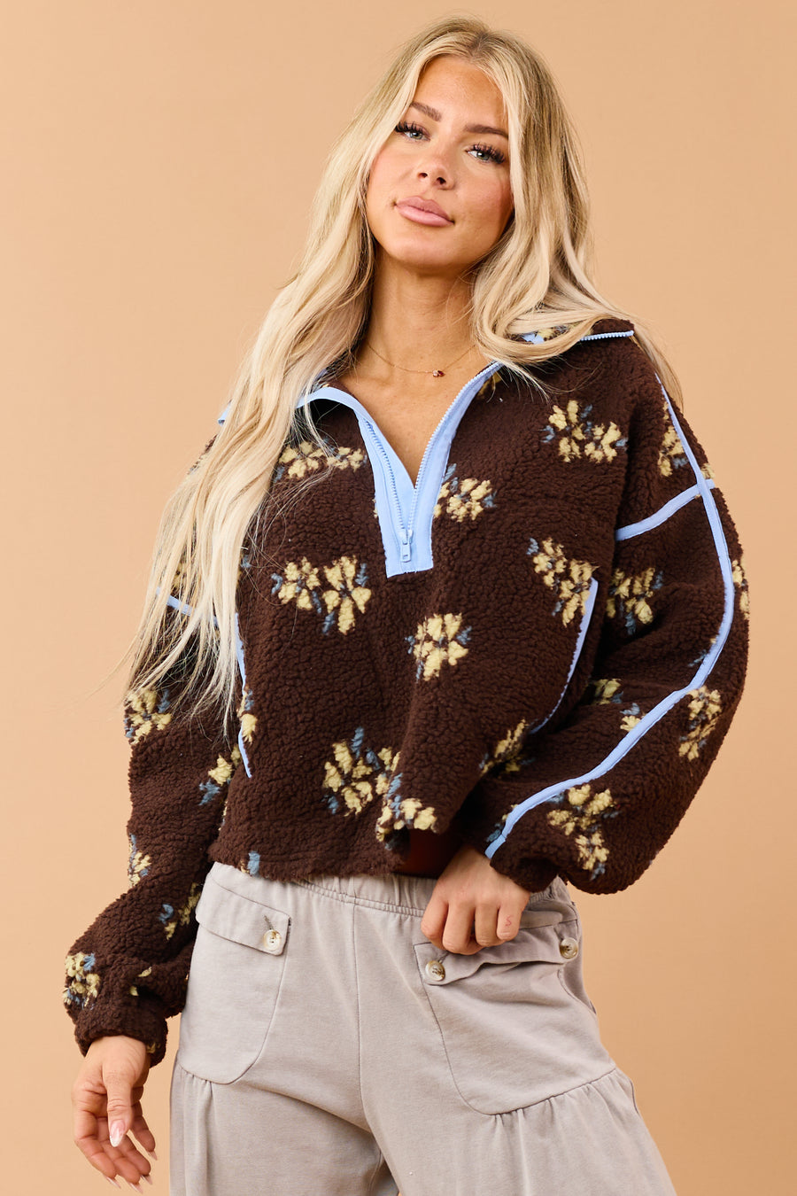 Chocolate Floral Print Sherpa Half Zip Pullover Jacket