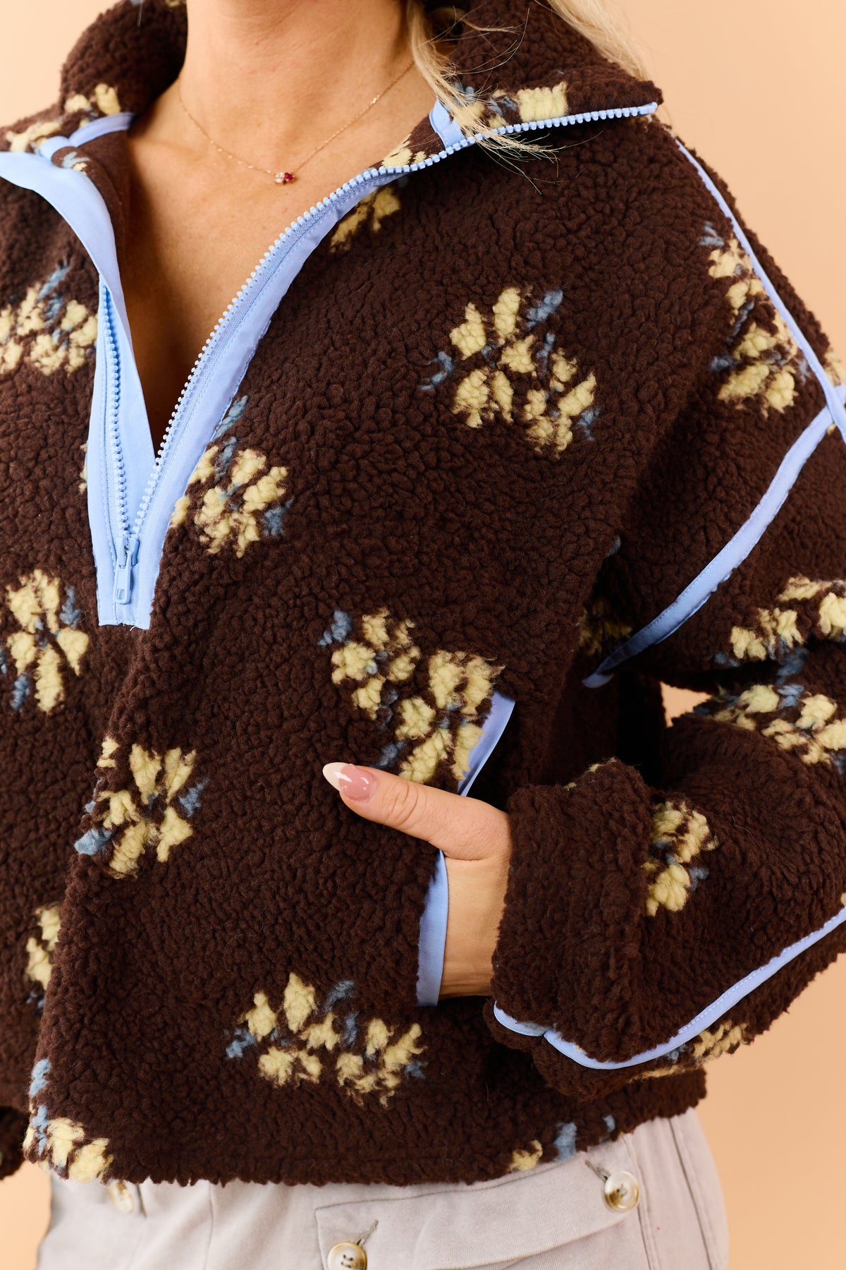 Chocolate Floral Print Sherpa Half Zip Pullover Jacket