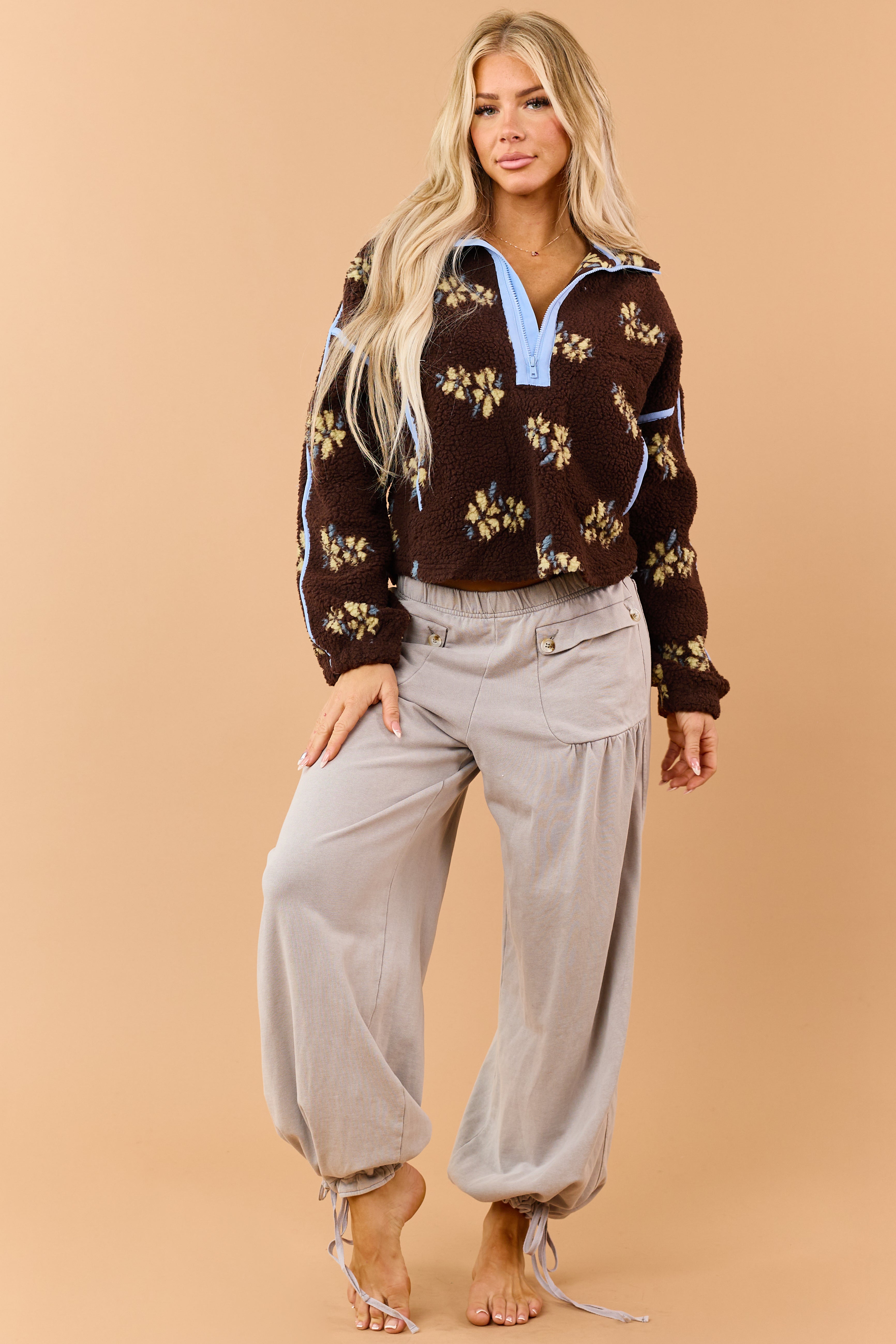 Chocolate Floral Print Sherpa Half Zip Pullover Jacket | Lime Lush