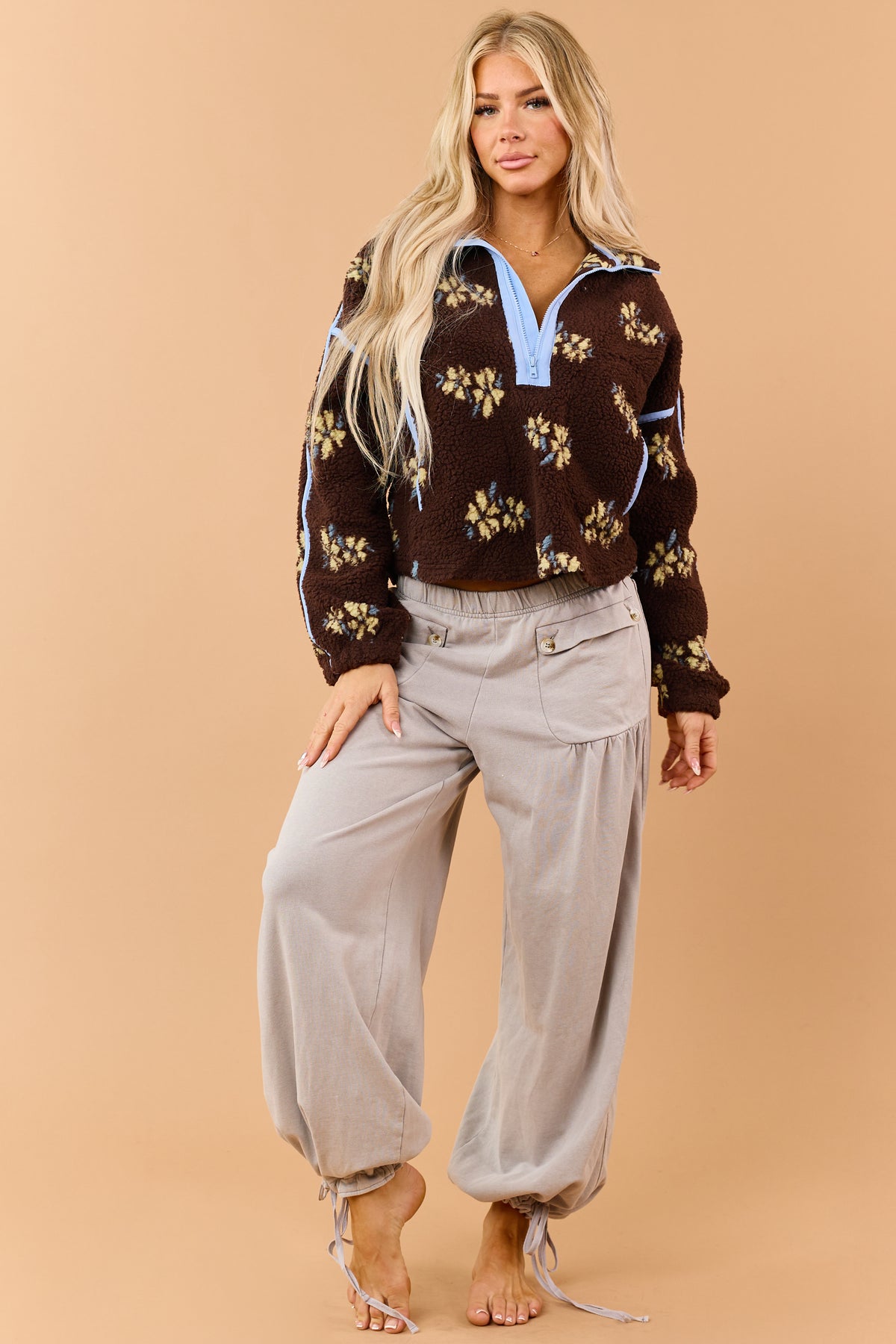 Chocolate Floral Print Sherpa Half Zip Pullover Jacket