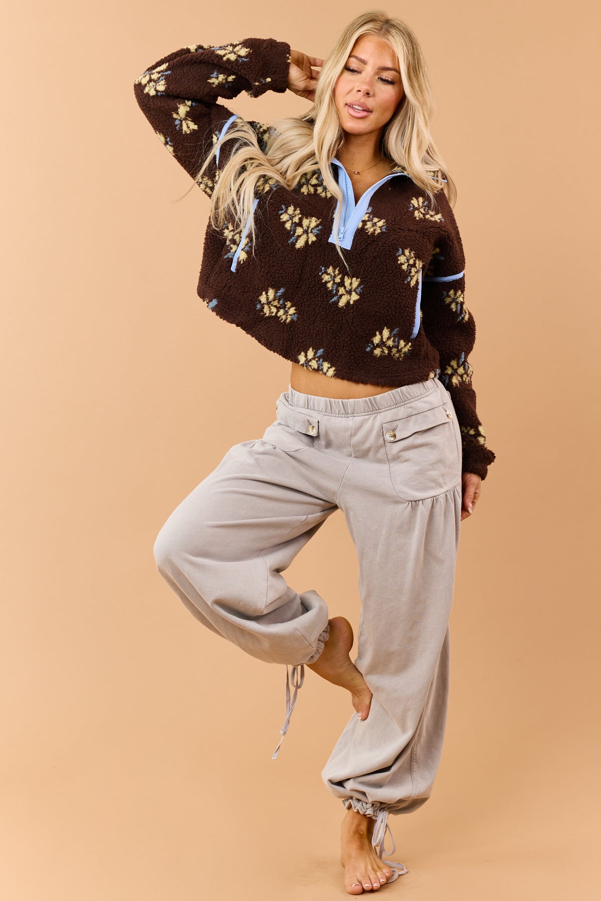 Chocolate Floral Print Sherpa Half Zip Pullover Jacket