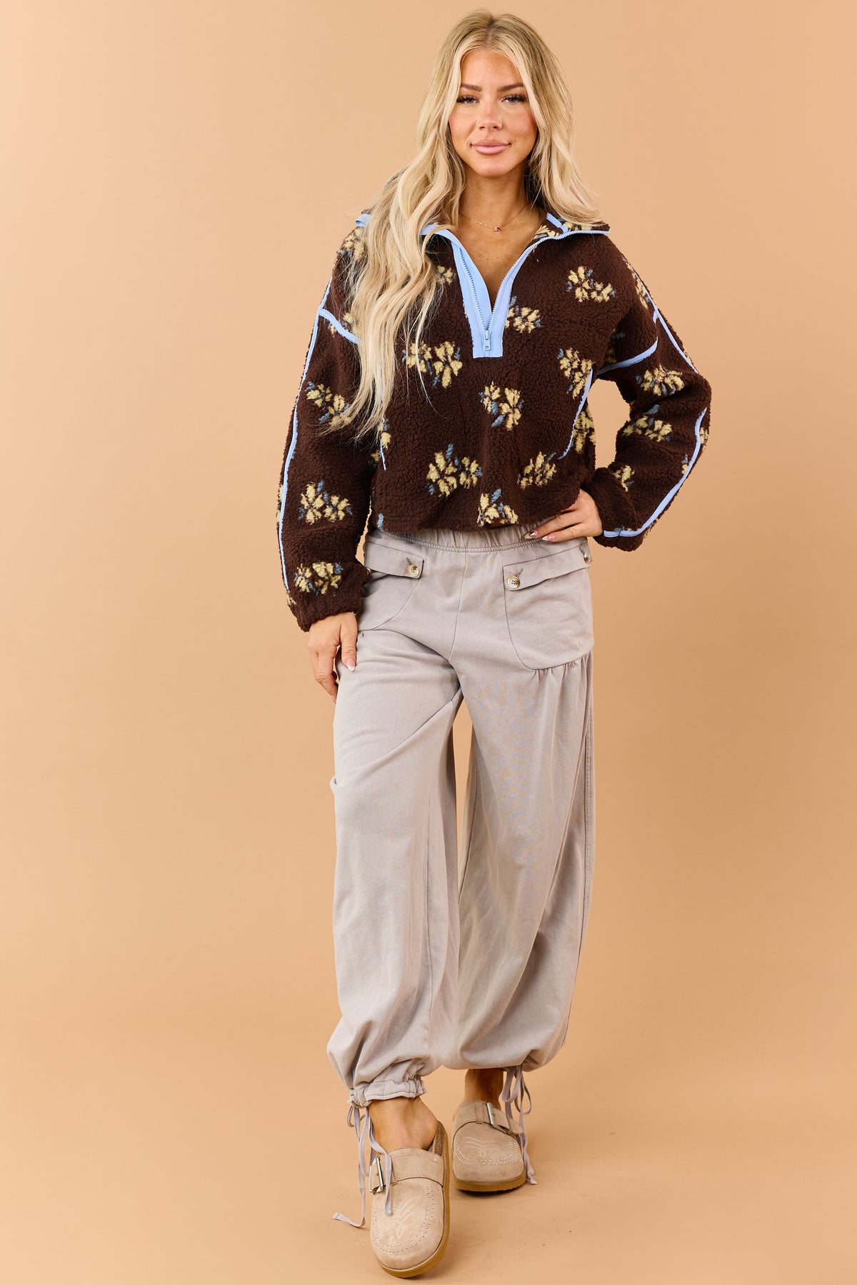 Chocolate Floral Print Sherpa Half Zip Pullover Jacket