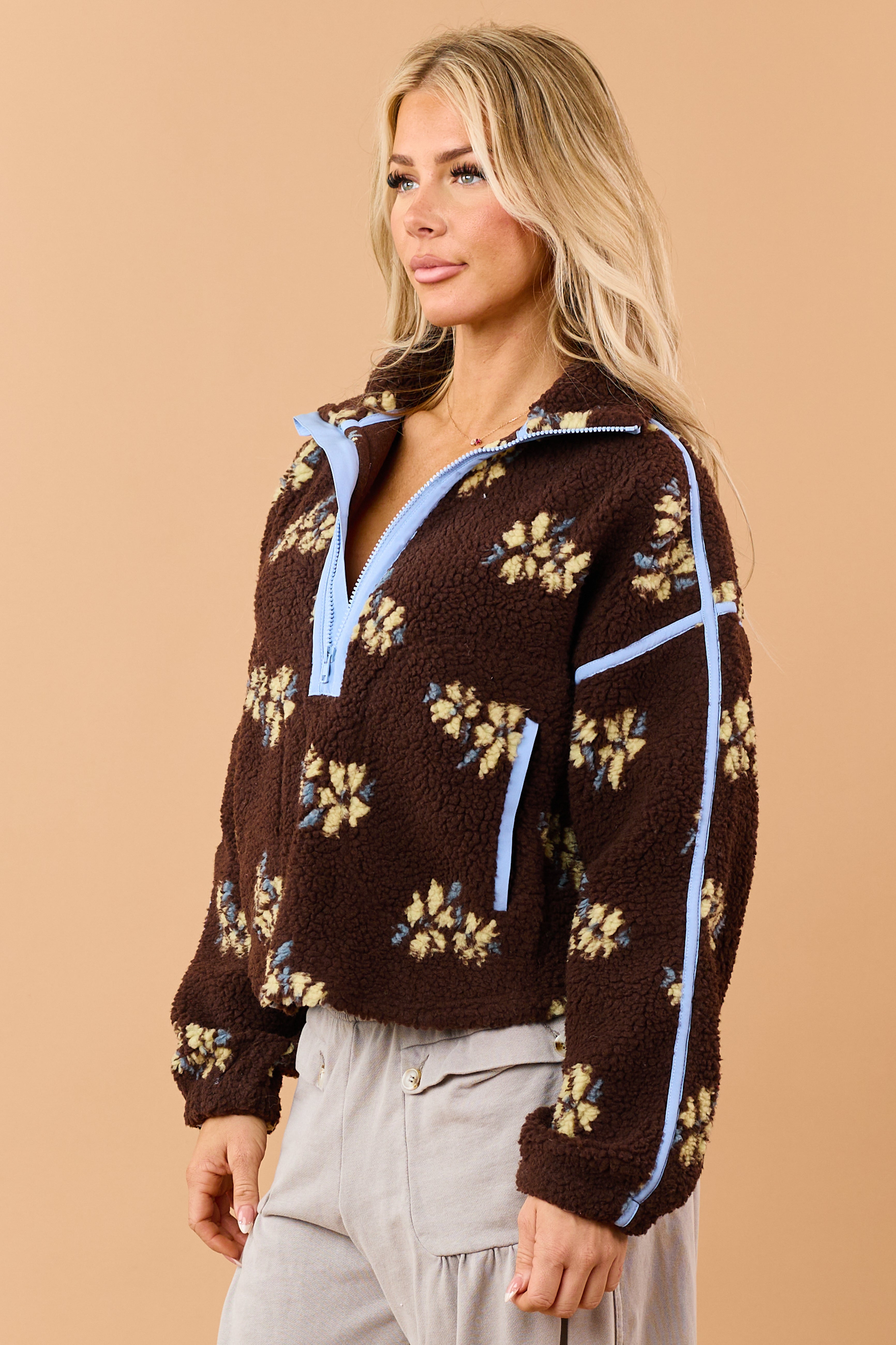 Chocolate Floral Print Sherpa Half Zip Pullover Jacket | Lime Lush