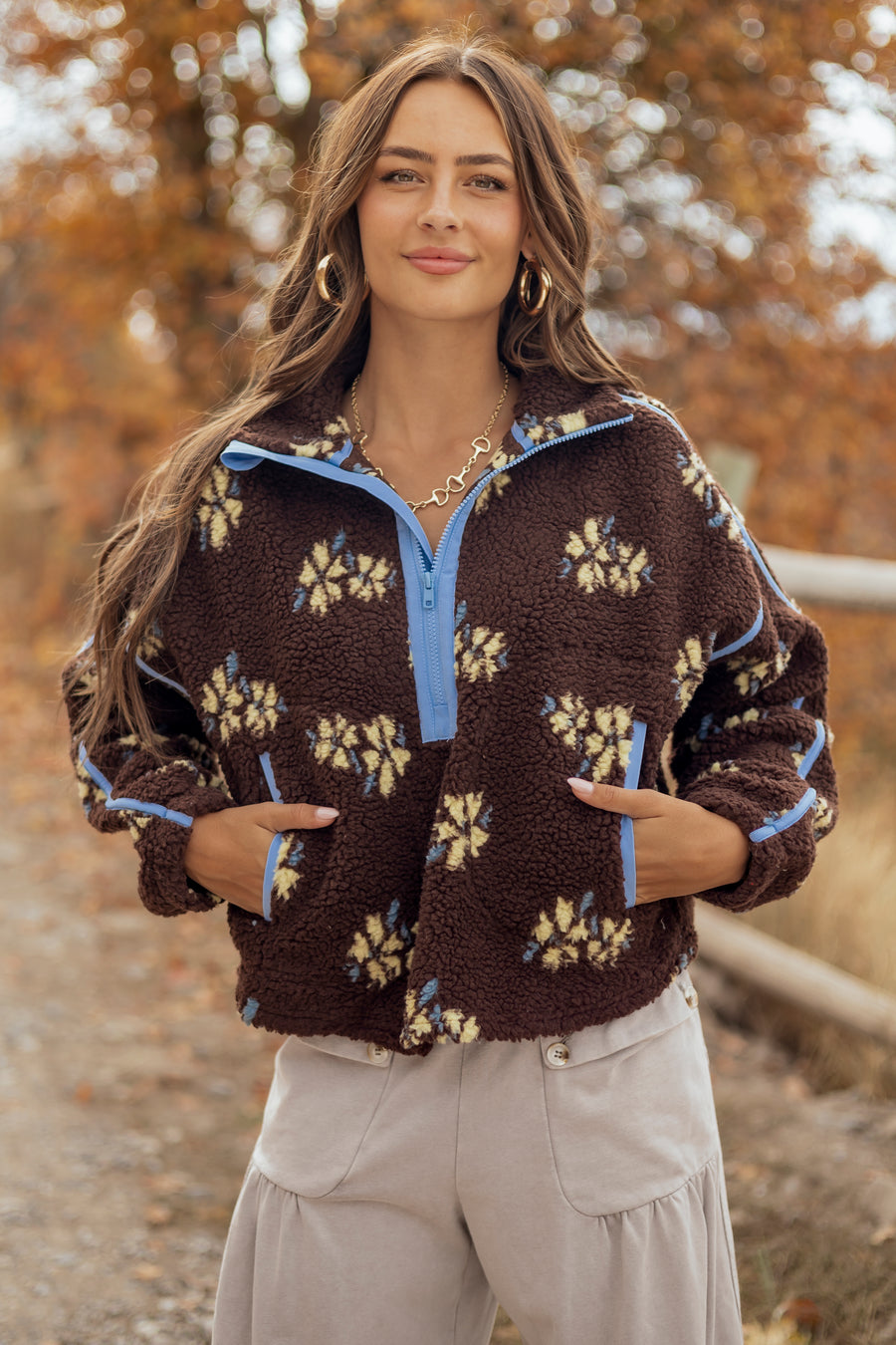 Chocolate Floral Print Sherpa Half Zip Pullover Jacket