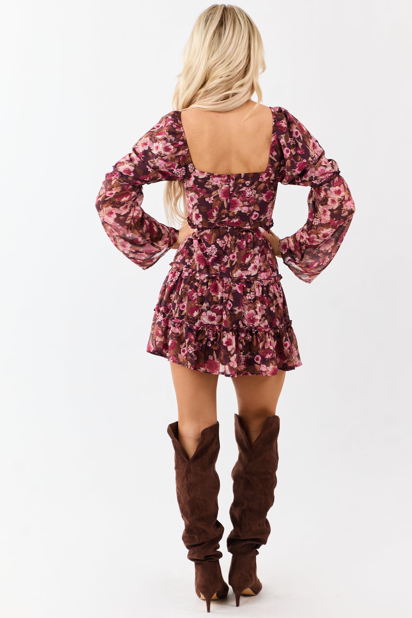 Chocolate Floral Print Tiered Long Sleeve Mini Dress