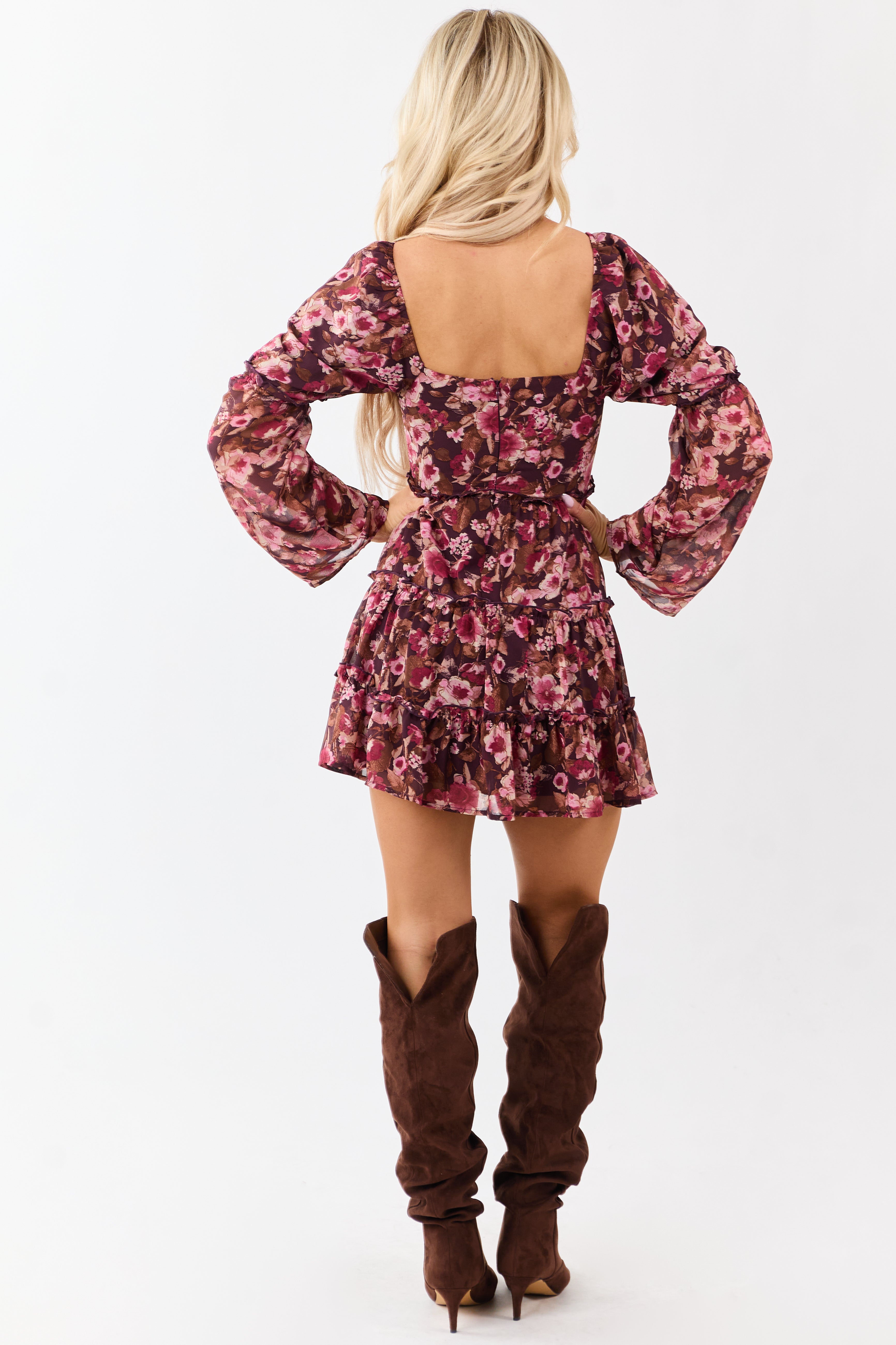 Chocolate Floral Print Tiered Long Sleeve Mini Dress