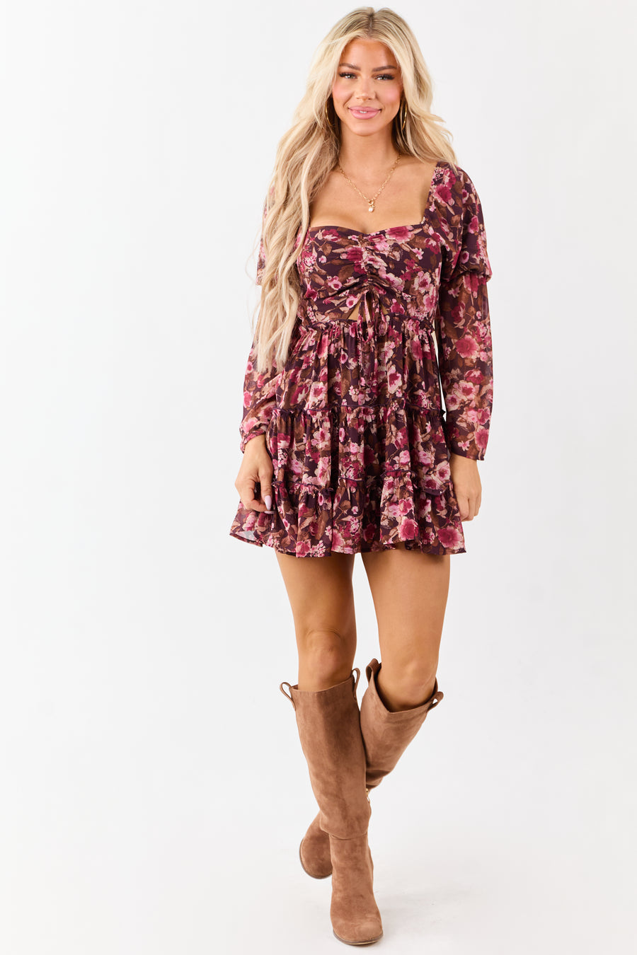Chocolate Floral Print Tiered Long Sleeve Mini Dress