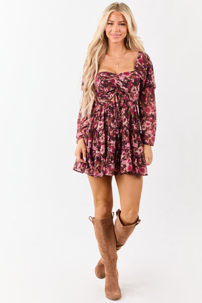 Chocolate Floral Print Tiered Long Sleeve Mini Dress | Lime Lush