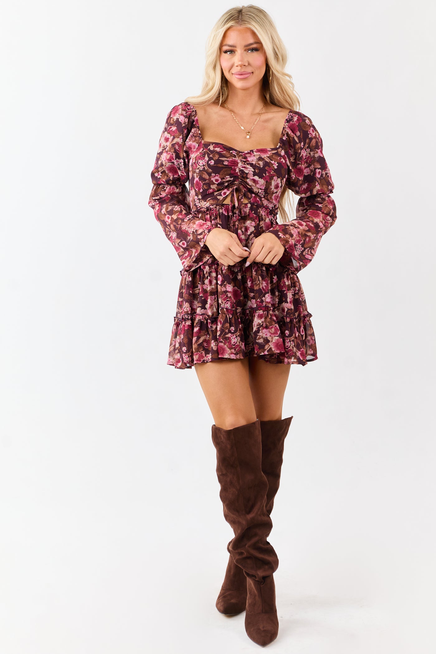 Chocolate Floral Print Tiered Long Sleeve Mini Dress