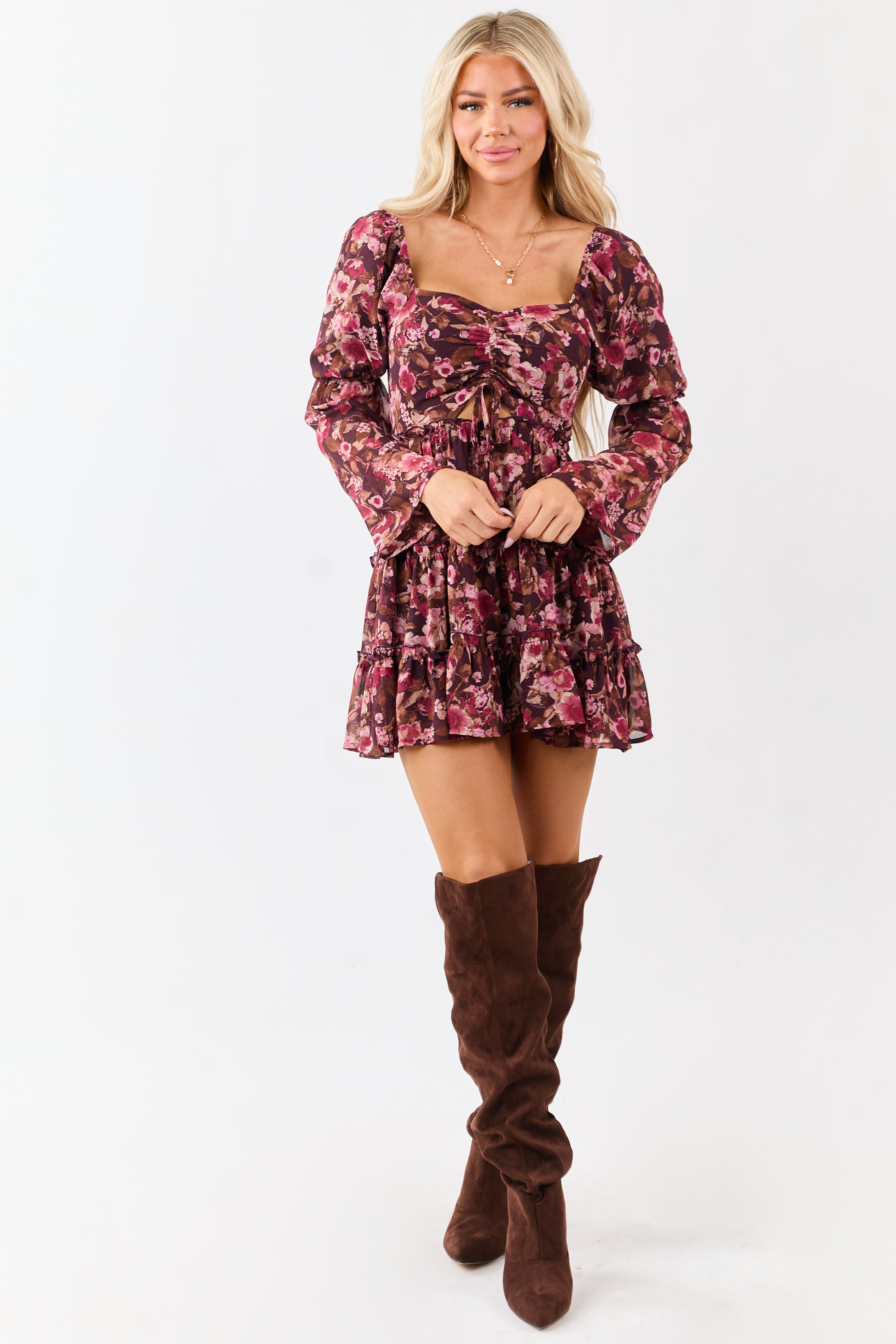 Chocolate Floral Print Tiered Long Sleeve Mini Dress
