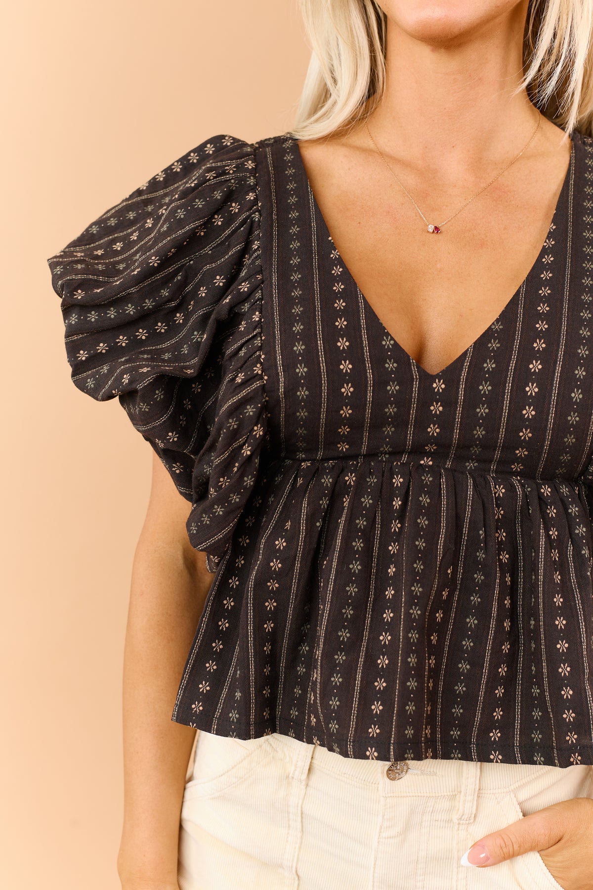 Chocolate Floral Puff Sleeve Babydoll Blouse