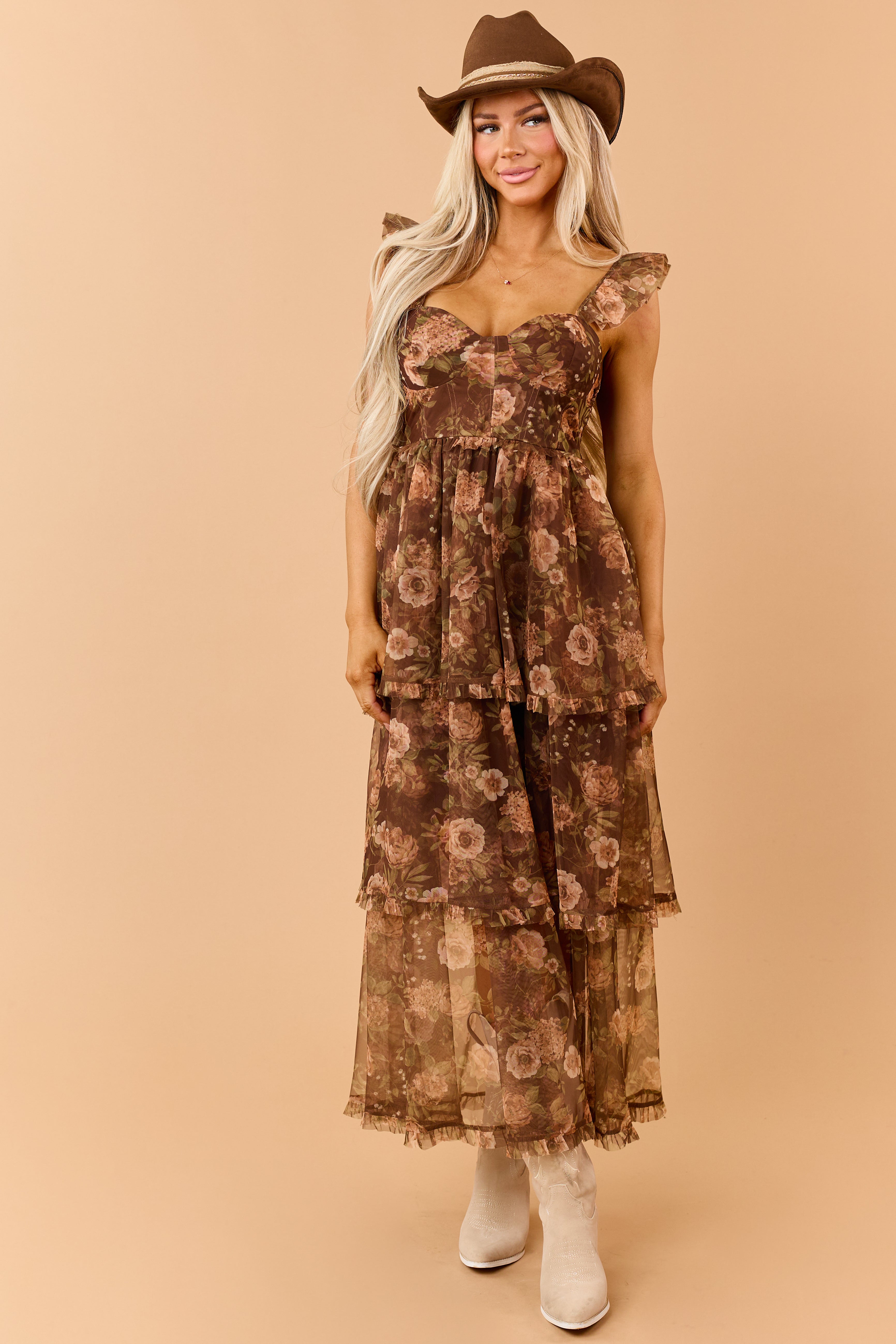 Chocolate Floral Tiered Chiffon Corset Style Maxi Dress | Lime