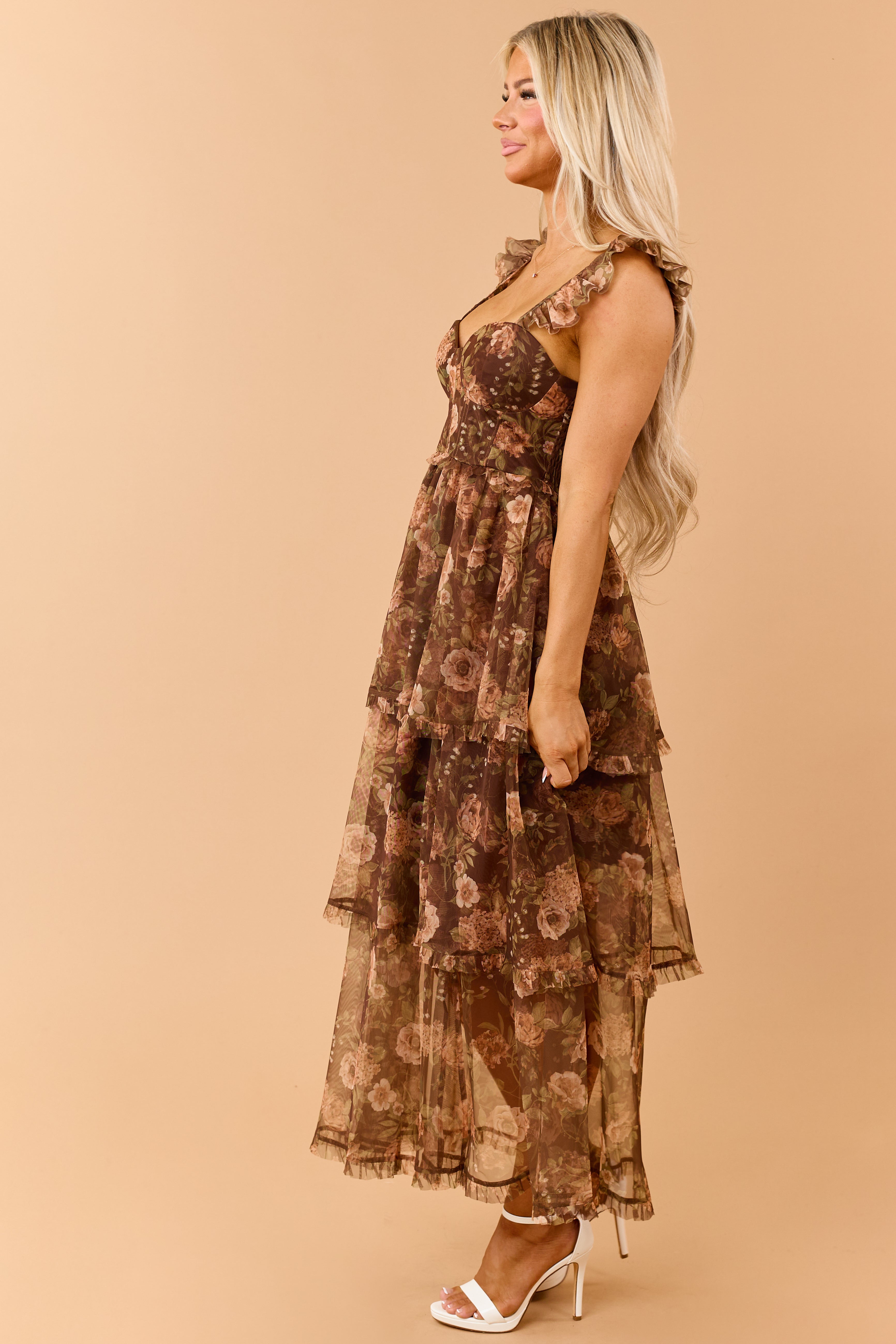 Chocolate Floral Tiered Chiffon Corset Style Maxi Dress | Lime