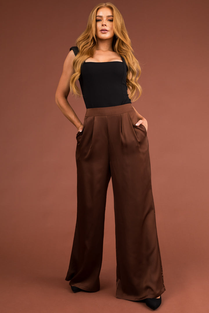 Chocolate Flowy Wide Leg Pull On Satin Pants