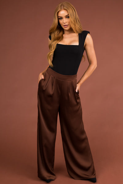 Chocolate Flowy Wide Leg Pull On Satin Pants