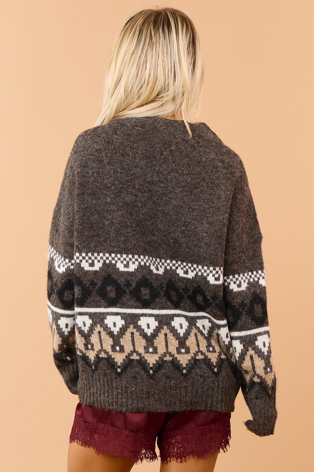 Chocolate Geometric Pattern Wool Blend Sweater