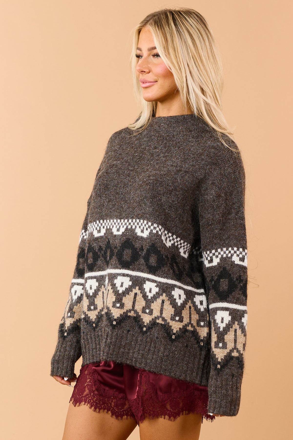 Chocolate Geometric Pattern Wool Blend Sweater