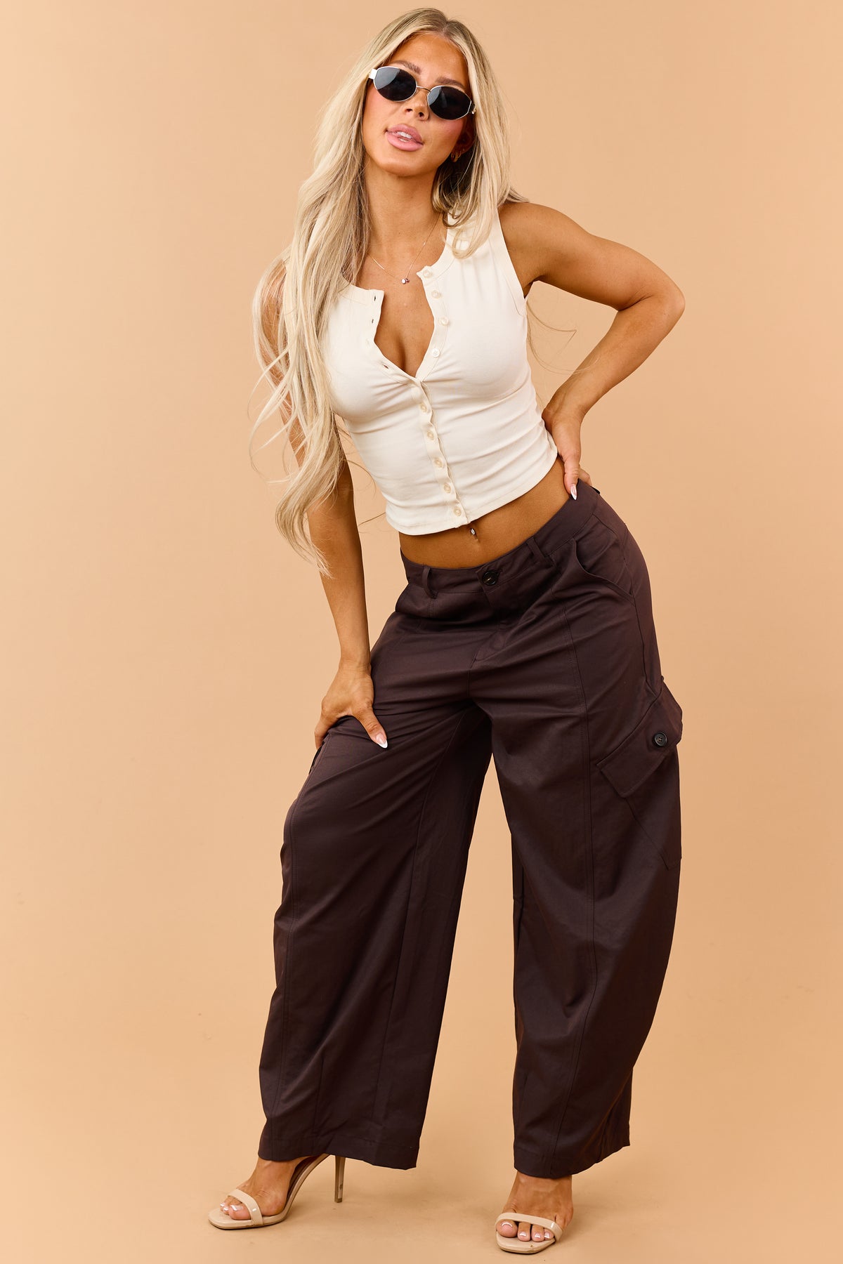 Chocolate High Rise Barrel Leg Cargo Knit Pants