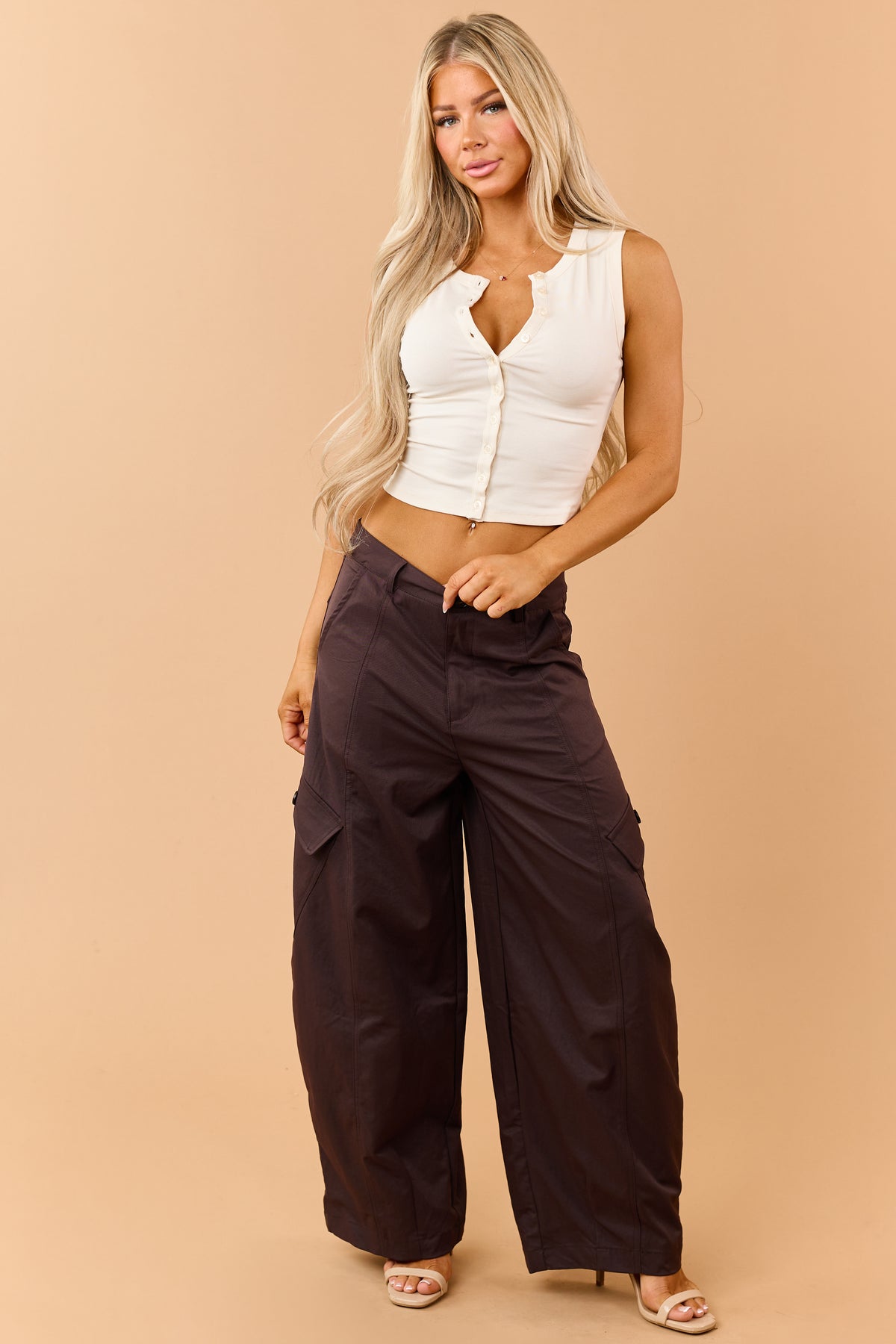 Chocolate High Rise Barrel Leg Cargo Knit Pants