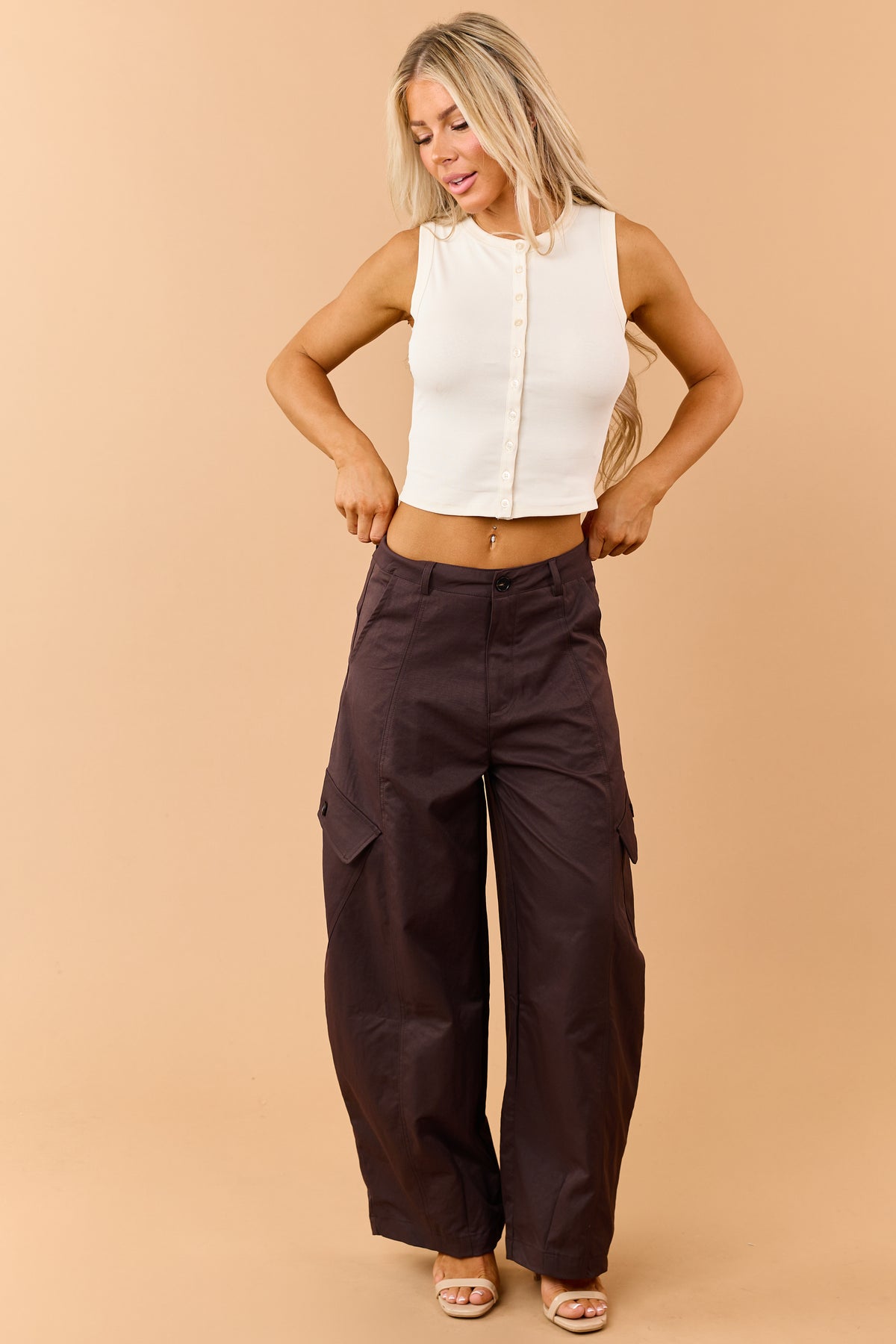 Chocolate High Rise Barrel Leg Cargo Knit Pants