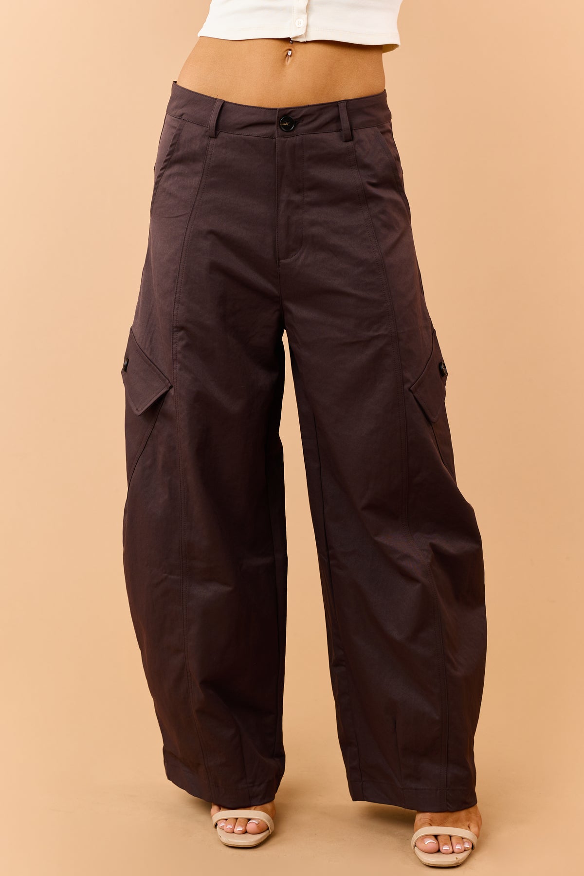 Chocolate High Rise Barrel Leg Cargo Knit Pants