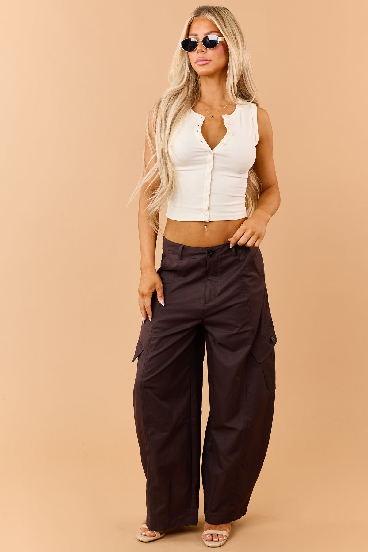 Chocolate High Rise Barrel Leg Cargo Knit Pants