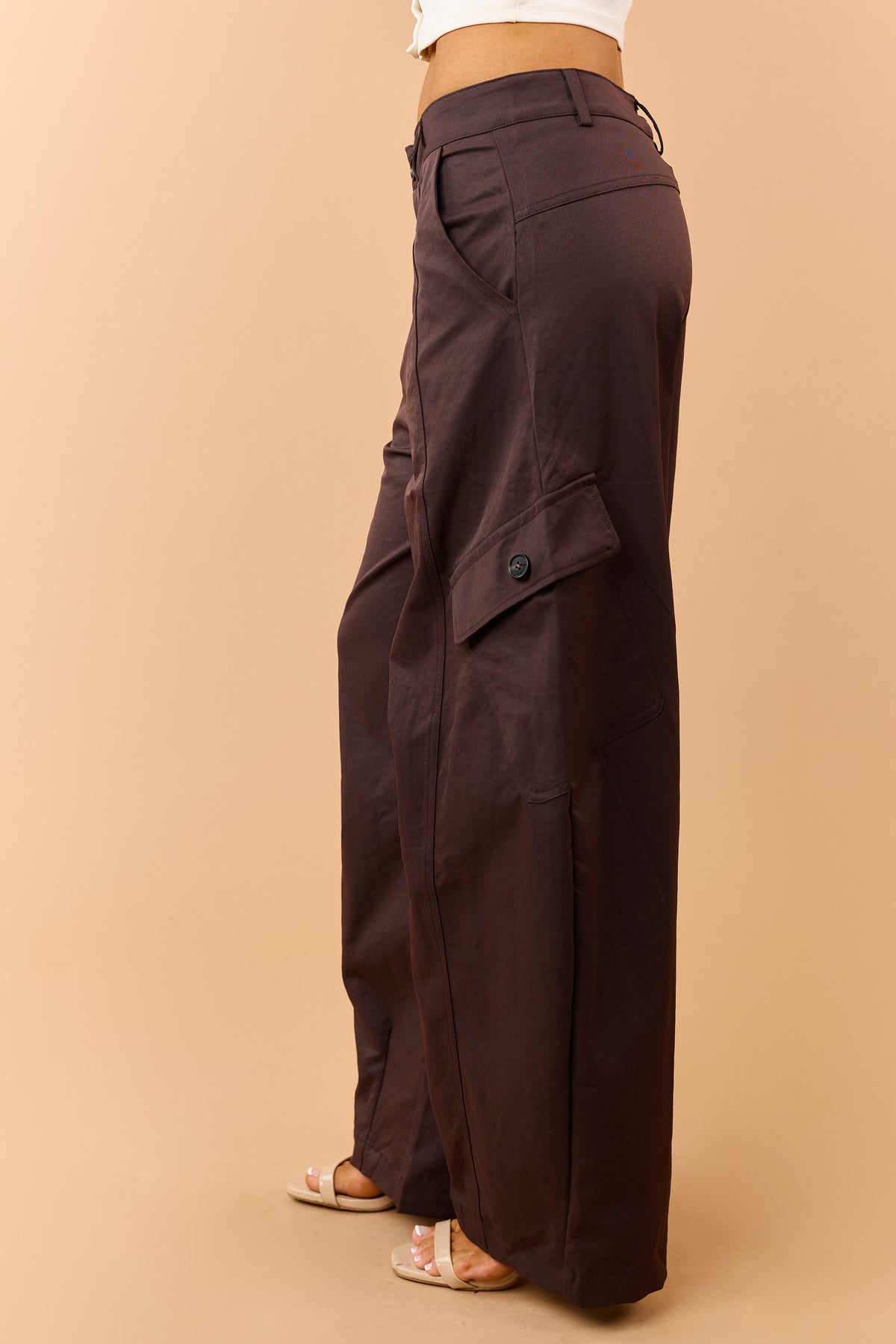 Chocolate High Rise Barrel Leg Cargo Knit Pants