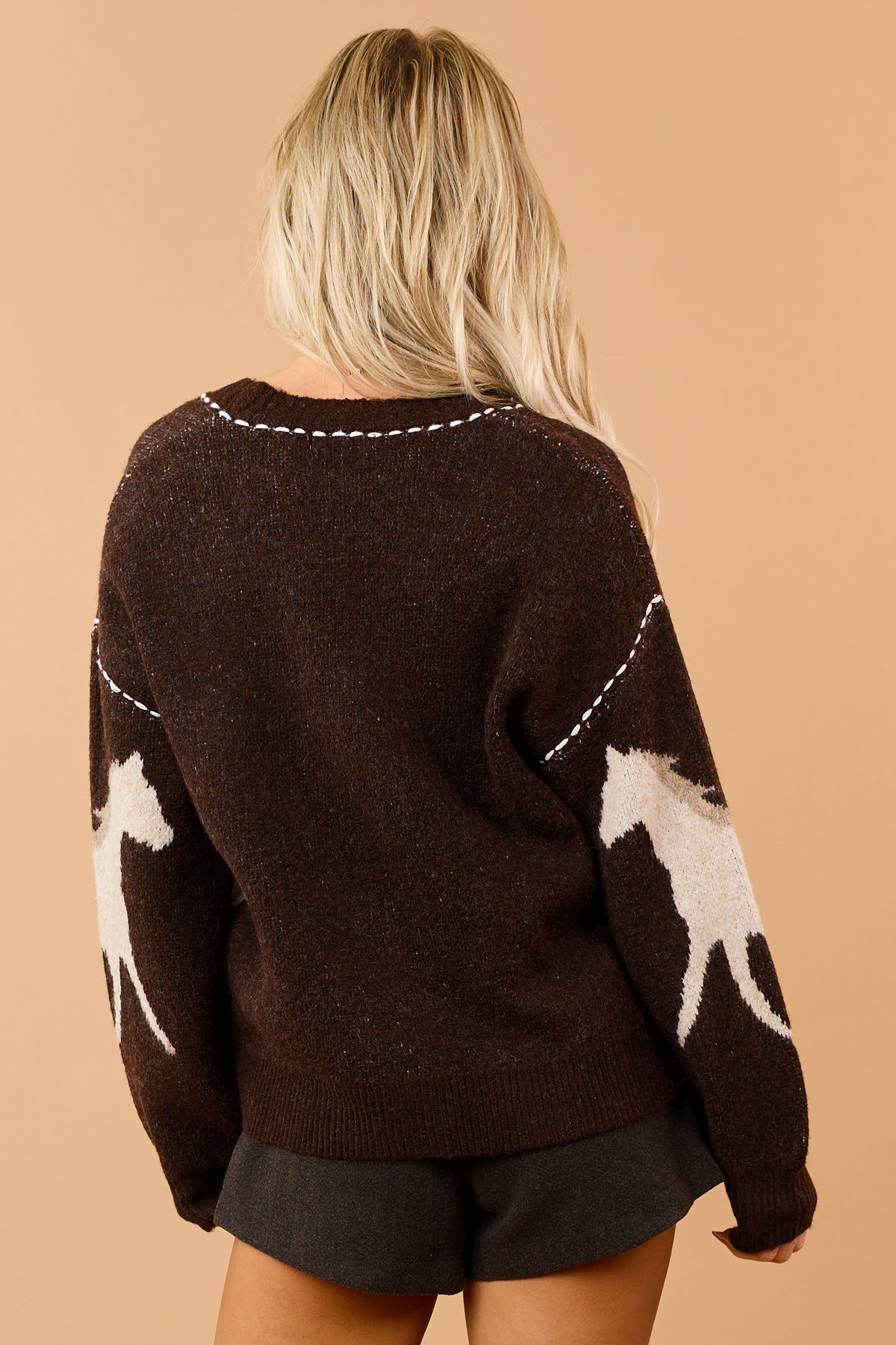 Chocolate Horse Motif Button Down Sweater Cardigan