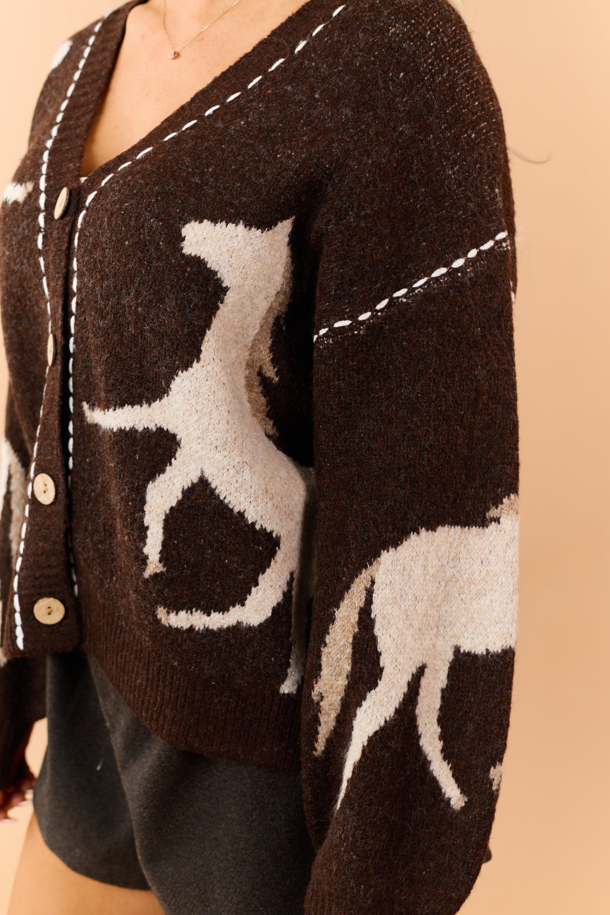 Chocolate Horse Motif Button Down Sweater Cardigan
