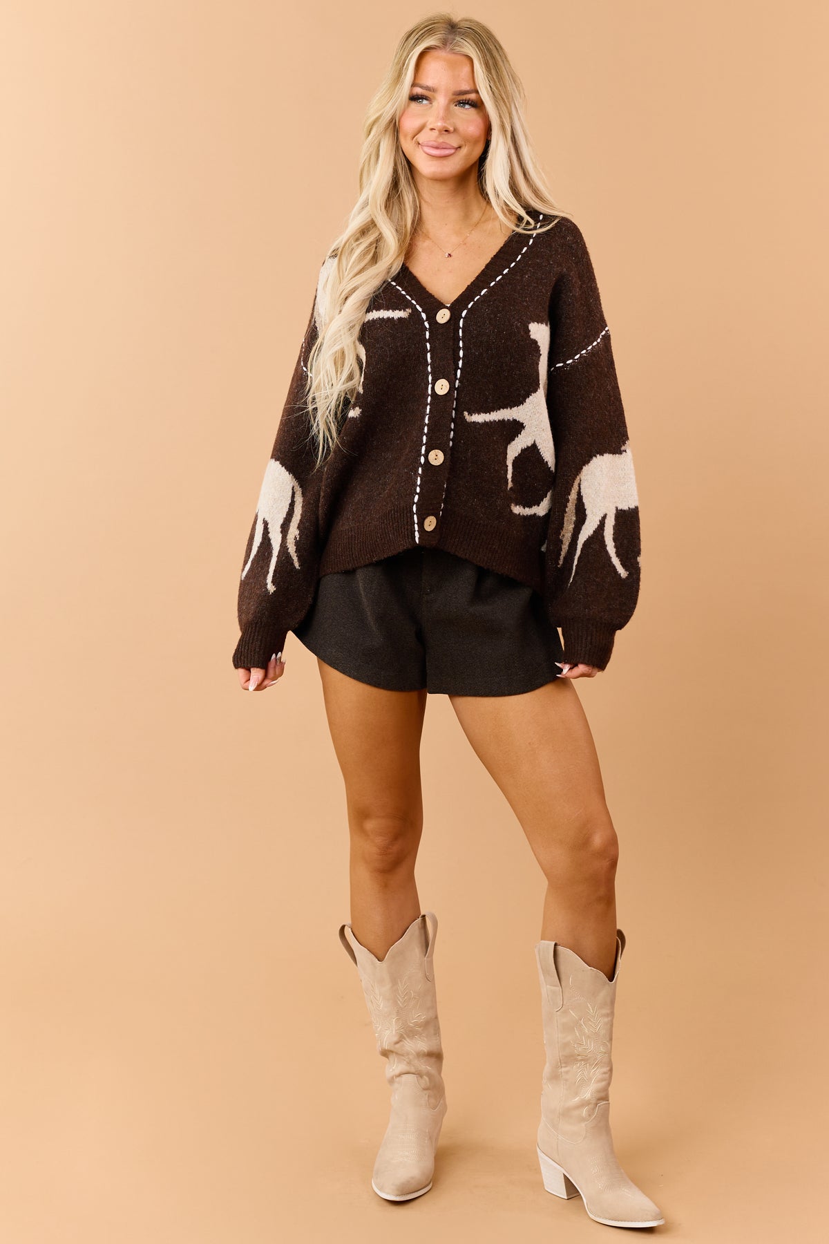 Chocolate Horse Motif Button Down Sweater Cardigan