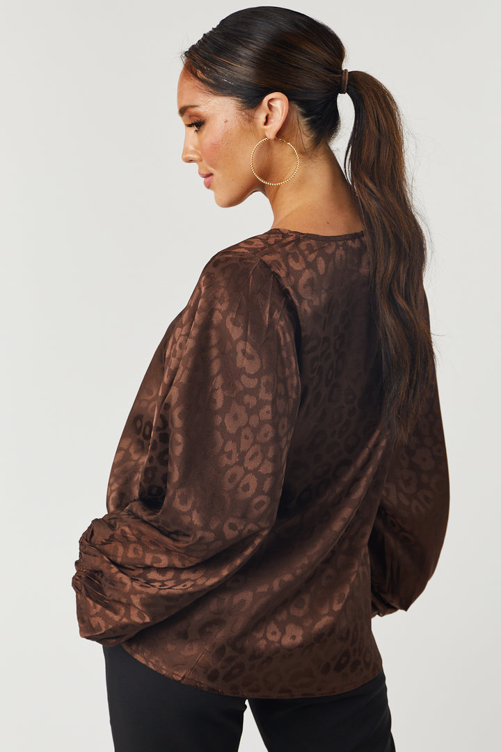 Chocolate Leopard Jacquard Satin Blouse