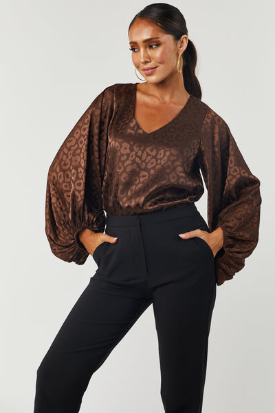 Chocolate Leopard Jacquard Satin Blouse