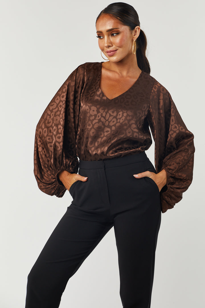 Chocolate Leopard Jacquard Satin Blouse