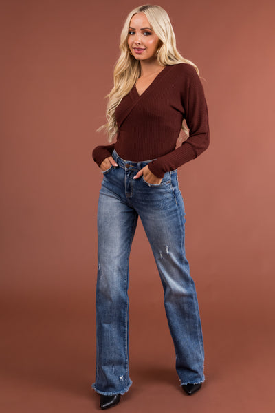 Chocolate Long Sleeve Surplice Ribbed Bodysuit