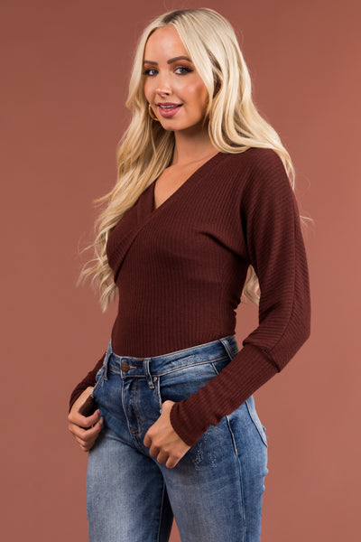 Chocolate Long Sleeve Surplice Ribbed Bodysuit