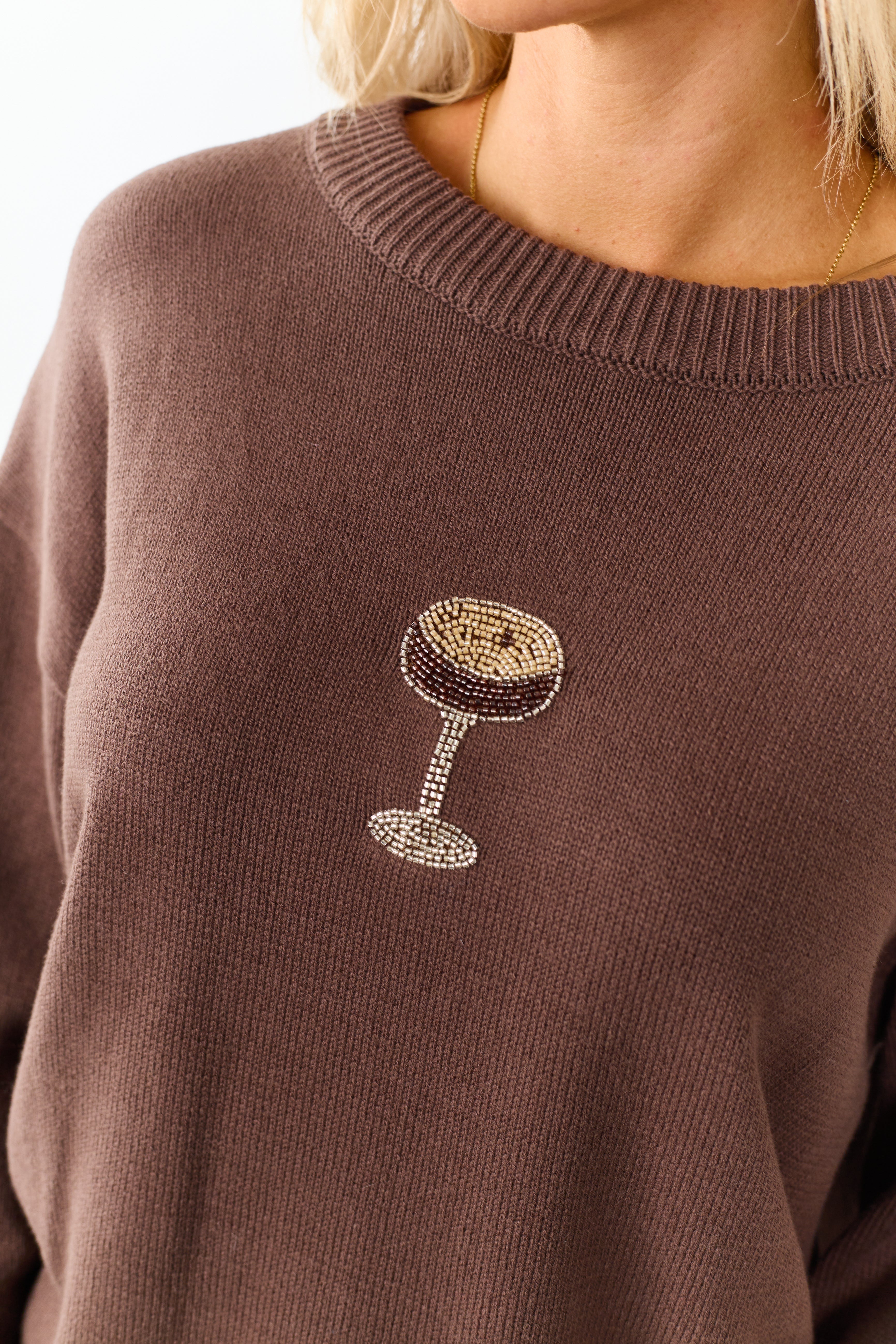 Chocolate Martini Beaded Graphic Knit Sweater