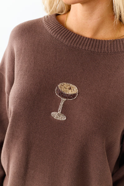Chocolate Martini Beaded Graphic Knit Sweater