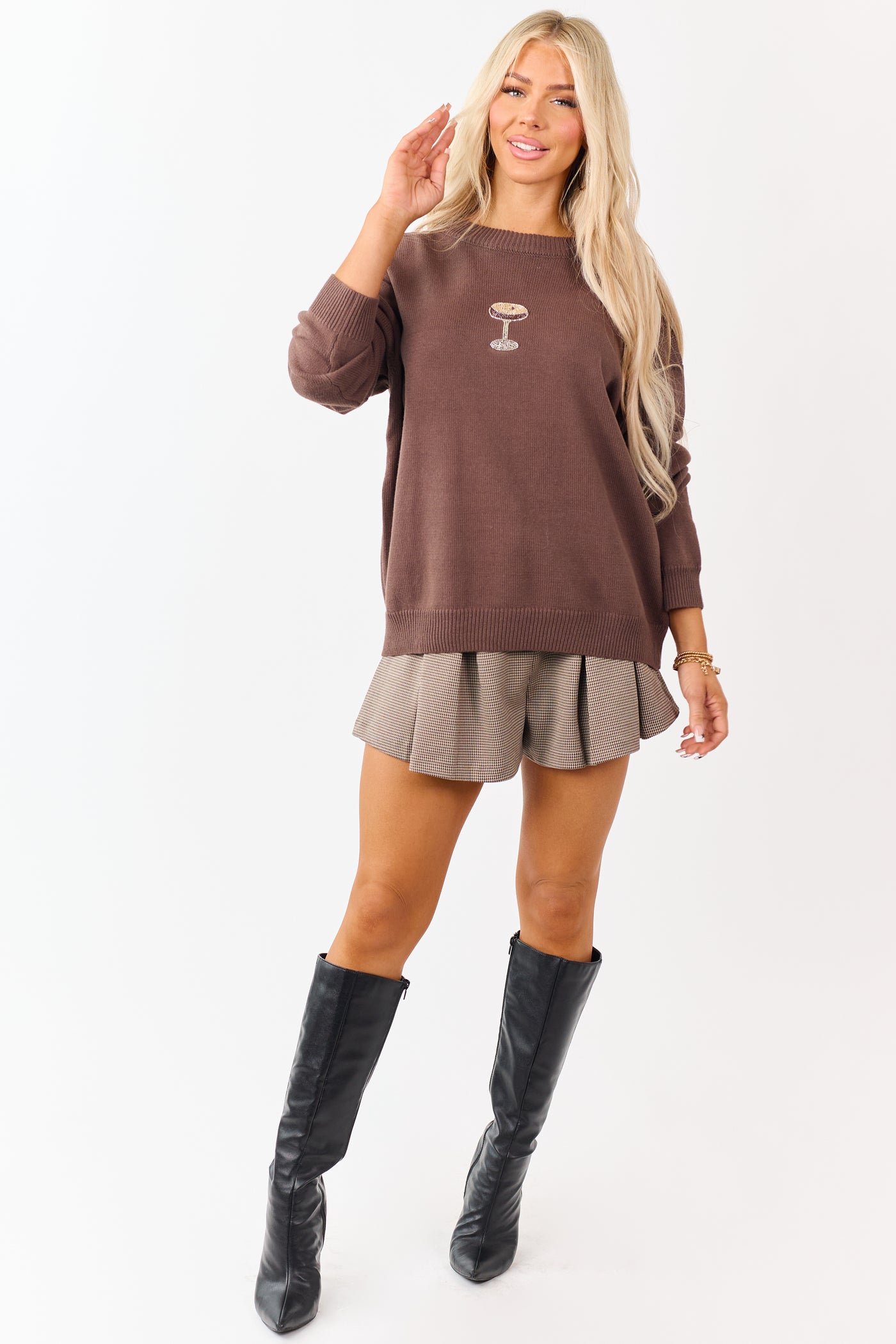 Chocolate Martini Beaded Graphic Knit Sweater